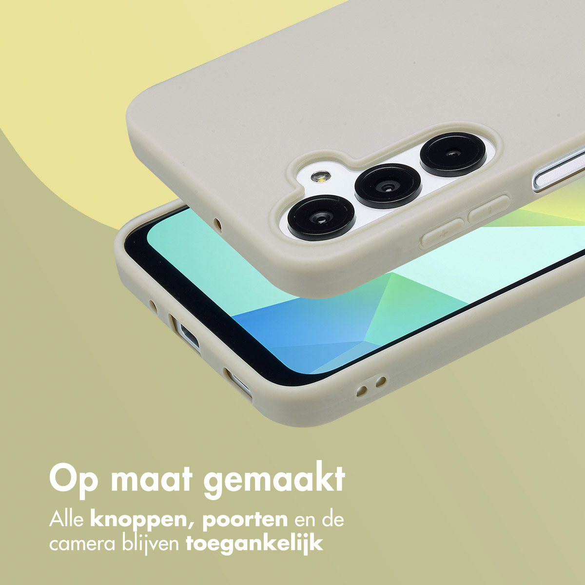 Handyhülle und Telefon mit angewinkelter Ansicht. Text: Maßgefertigt. Alle Tasten, Anschlüsse und die Kamera bleiben zugänglich.