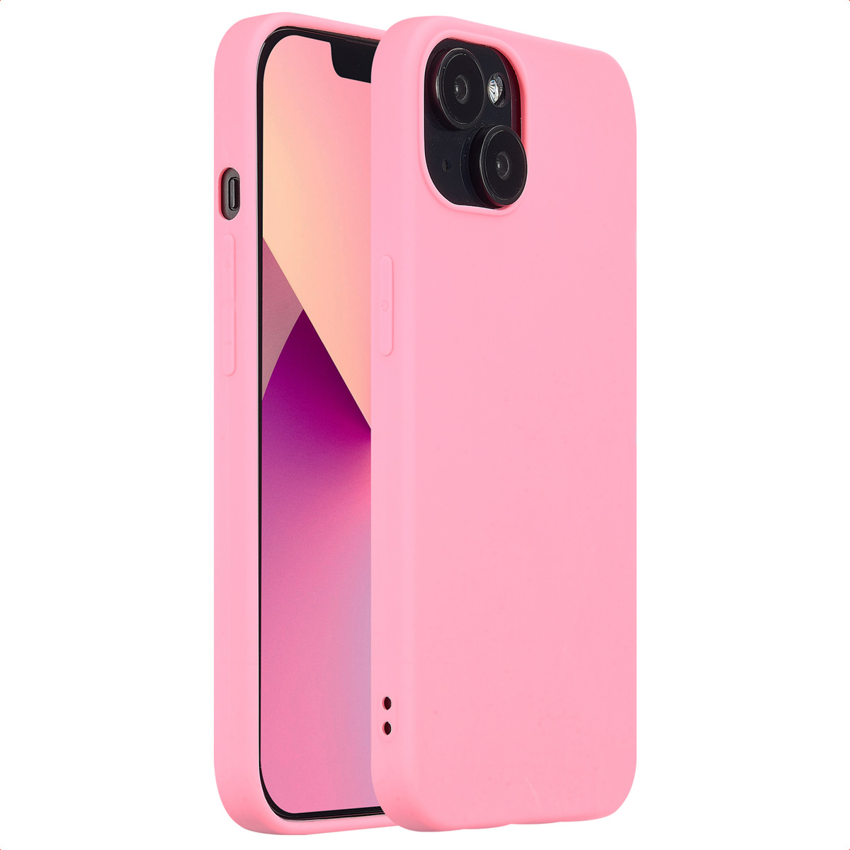 Pinke Handyhülle auf einem Telefon, Seiten- und Rückansicht, weißer Hintergrund.