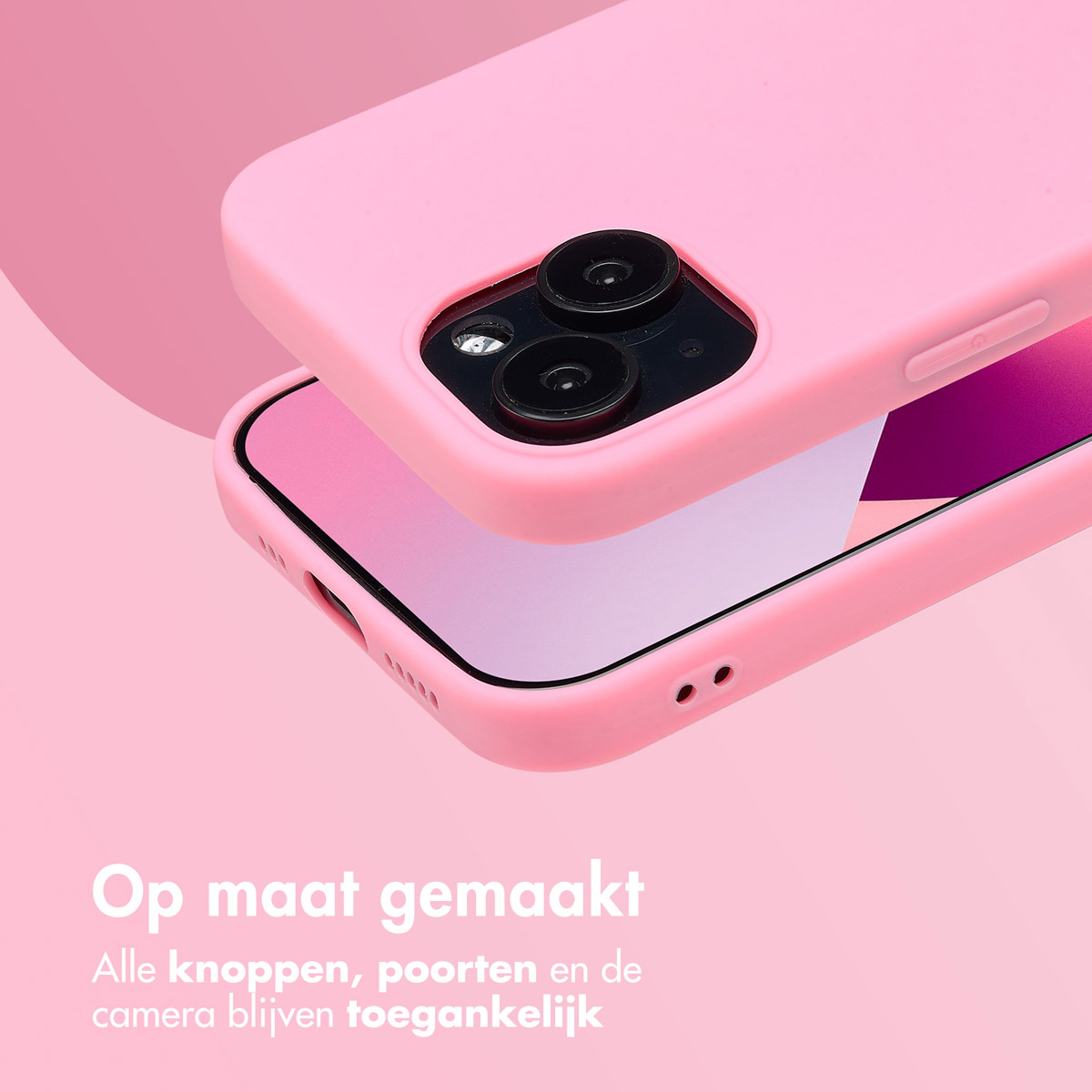 Rosa Handyhülle um ein Telefon. Text über Maßanfertigung. Tasten und Anschlüsse zugänglich.