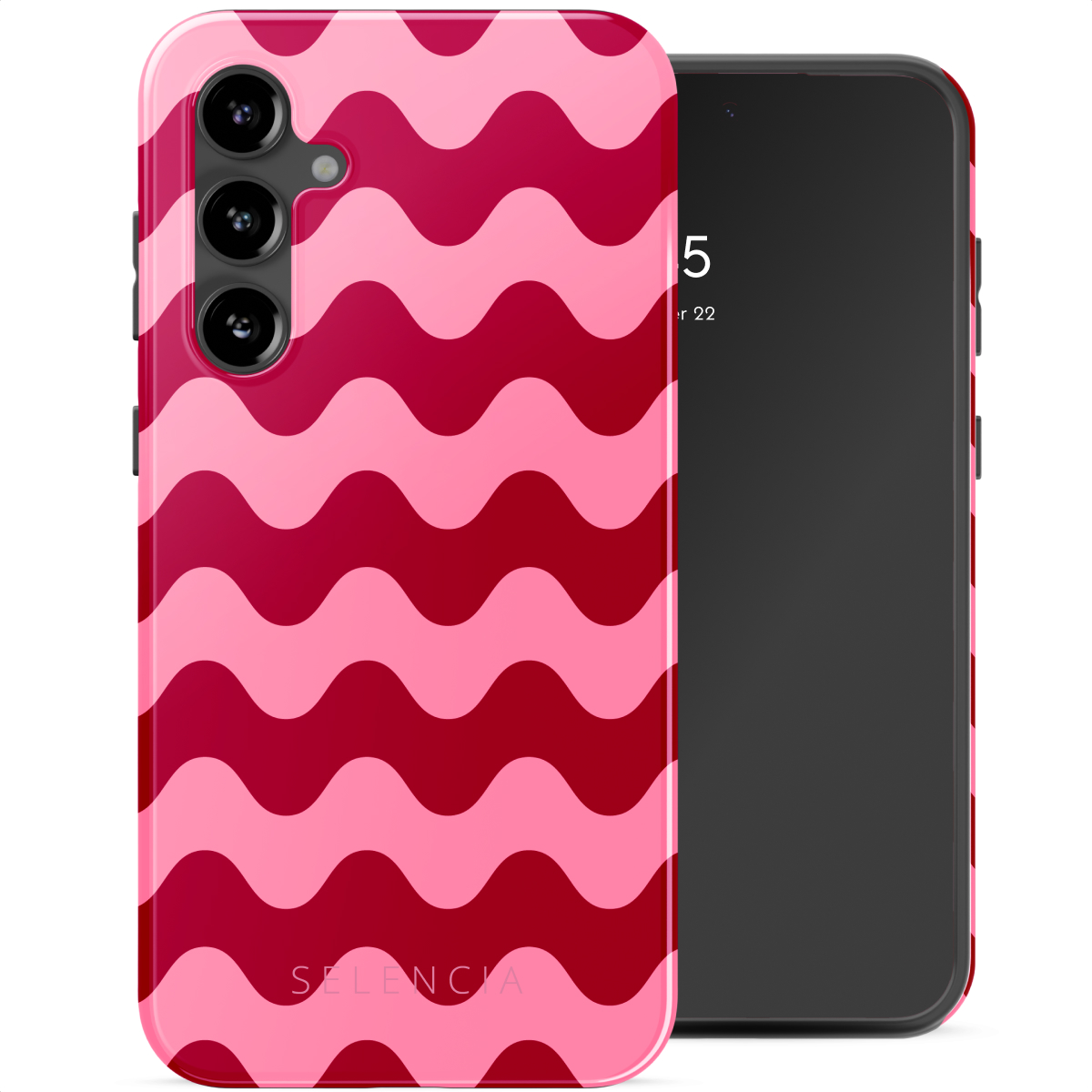 Roze telefoonhoes met roze golven, telefoon rechts. Selencia logo.