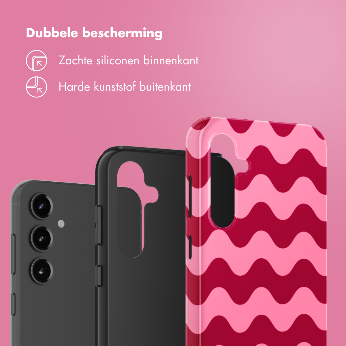 Zwarte telefoon en hoesje met een roze golfpatroon. Roze achtergrond met tekst.