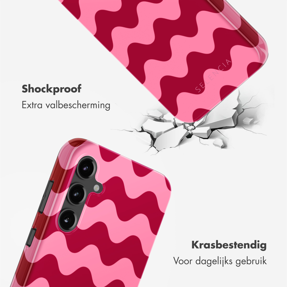 Roze en rood golvend telefoonhoes ontwerp, met gebarsten glaseffect en tekst.