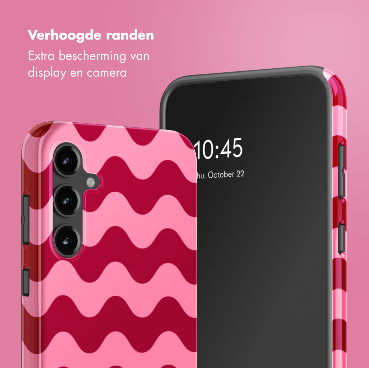 Twee telefoons, een in een roze golfpatroon hoesje, de andere heeft een zwart scherm.