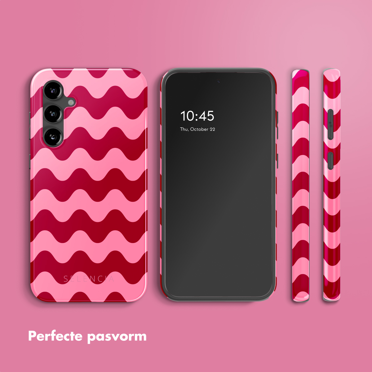 Smartphone en telefoonhoesjes met een golvend patroon. De achtergrond is roze.