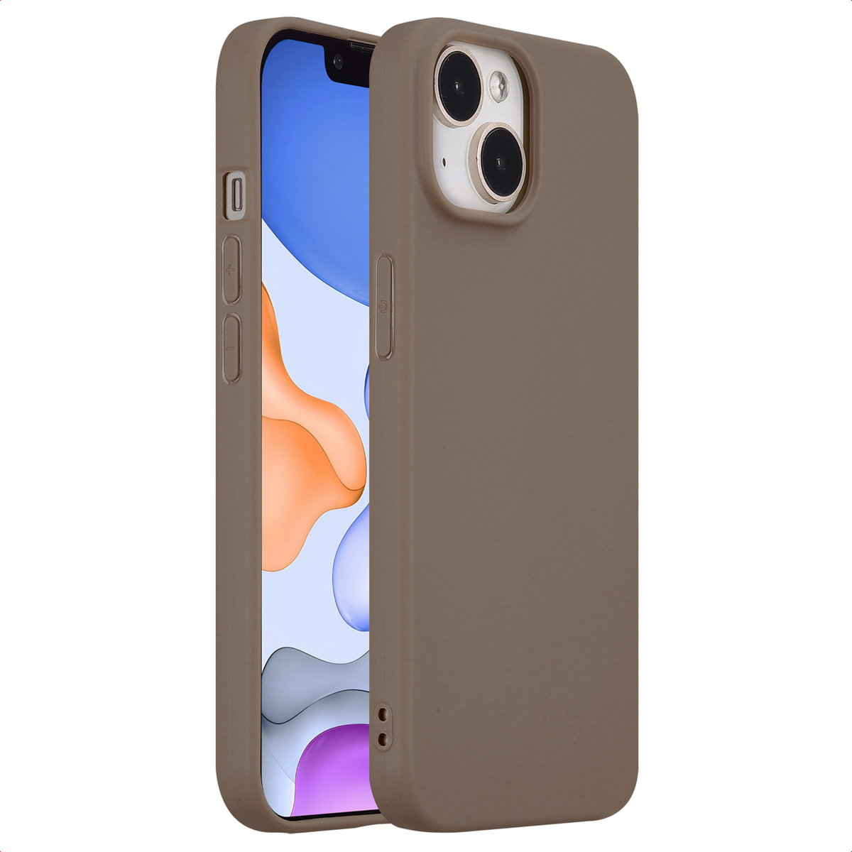 A brown phone case on a phone. The case is a solid color.