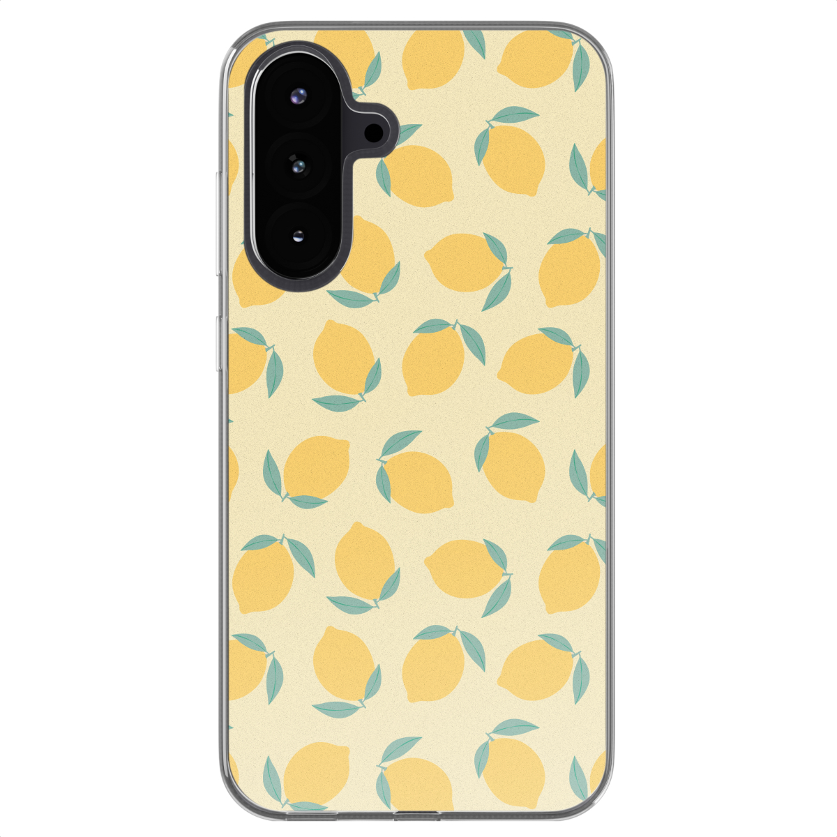 Telefoonhoesje met gele citroenen en groene bladeren op een lichtgele achtergrond. Telefoon heeft camera.