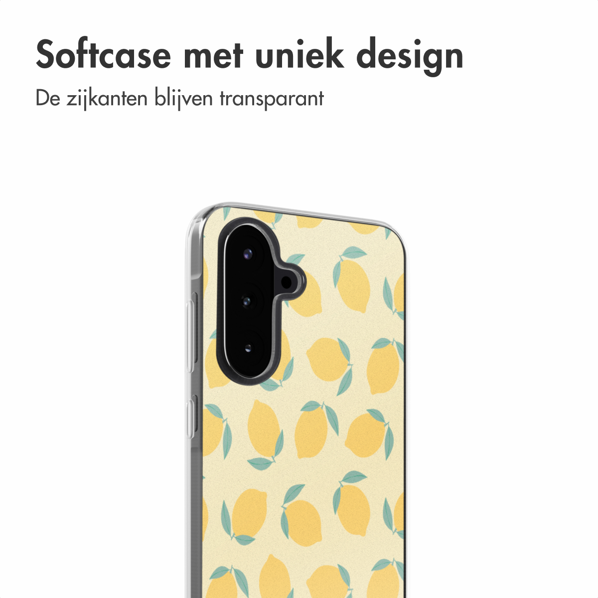 Gele telefoonhoes met citroenpatroon. Tekst: Softcase met uniek design. De zijkanten blijven transparant.