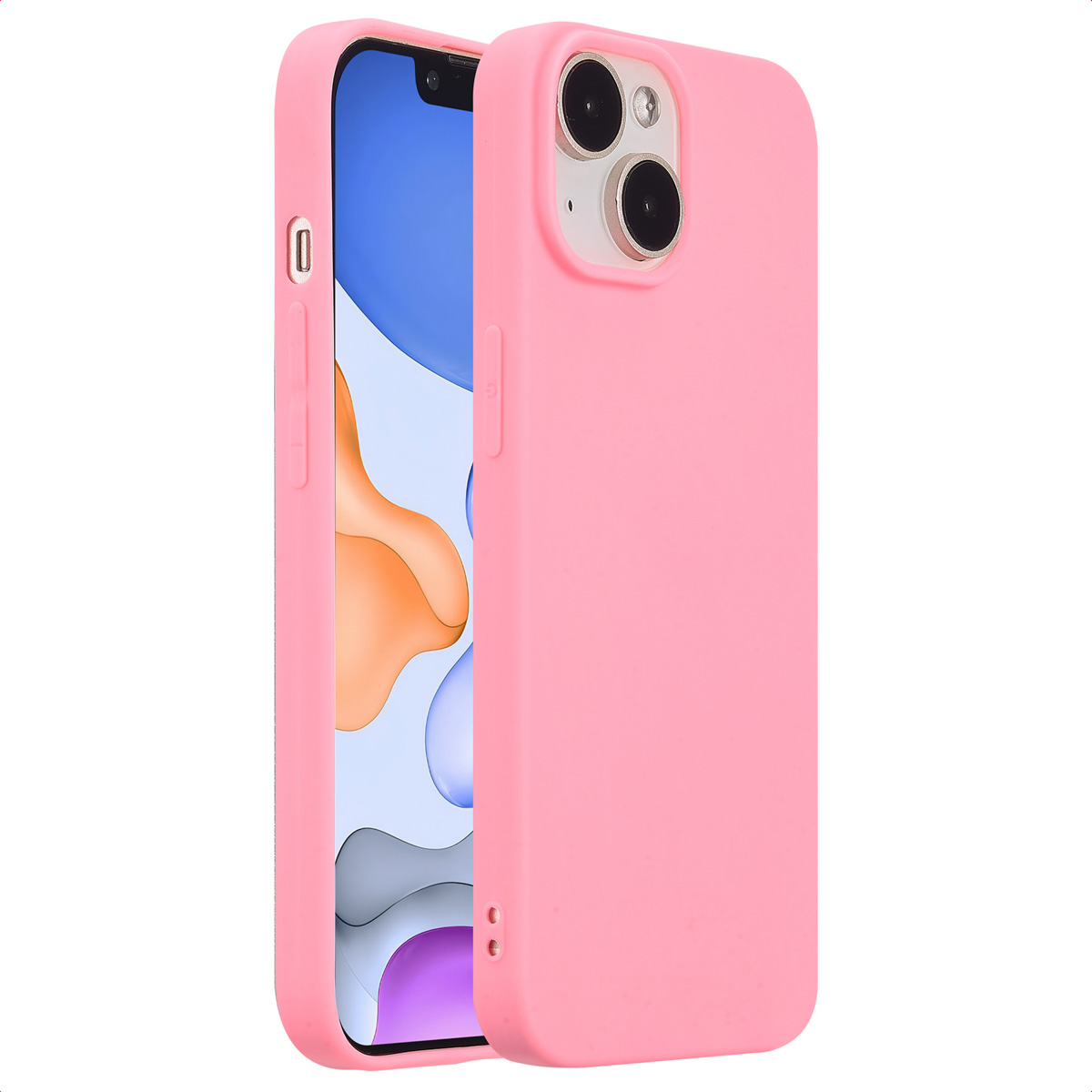 Pink phone case with a phone inside. The phone is pink and has a black screen.