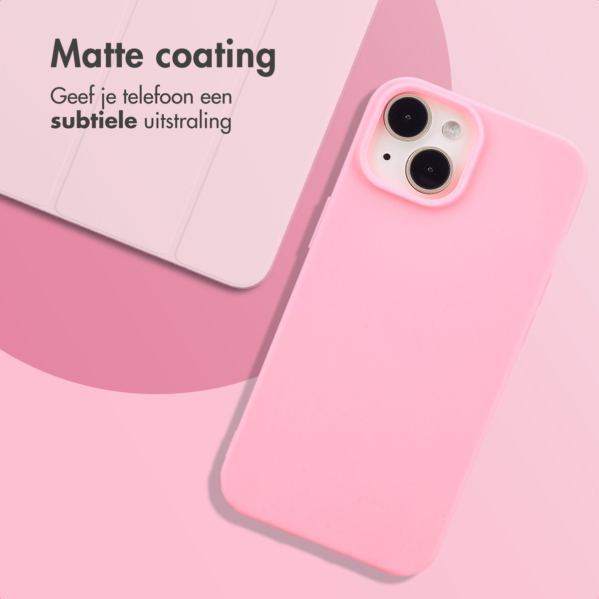 A pink phone case and a white cover. The background is pink.