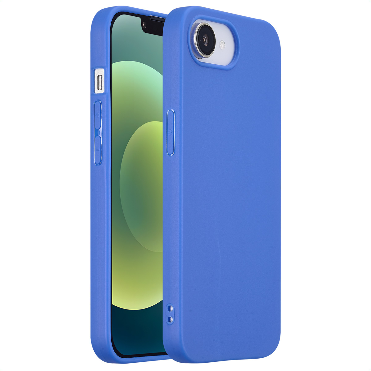 Blaue Handyhülle mit einem Telefon darin. Die rechte Seite ist offen. Weißer Hintergrund.