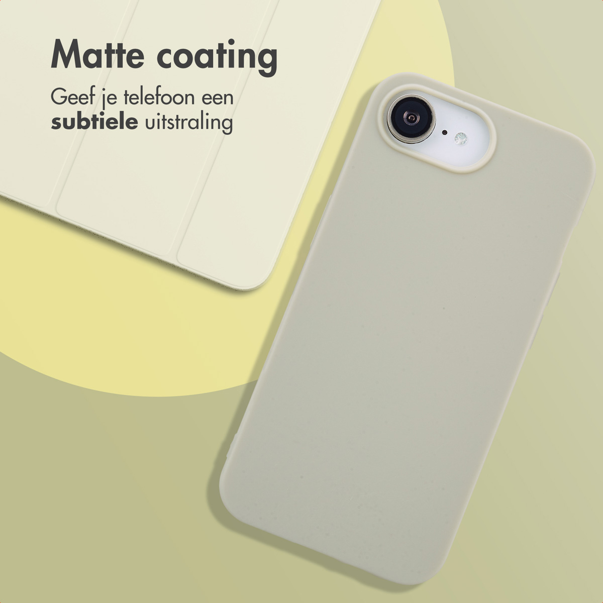 Beige Handyhülle mit beigem Telefon. Text 'Matte Beschichtung'. Hellgelber Hintergrund.