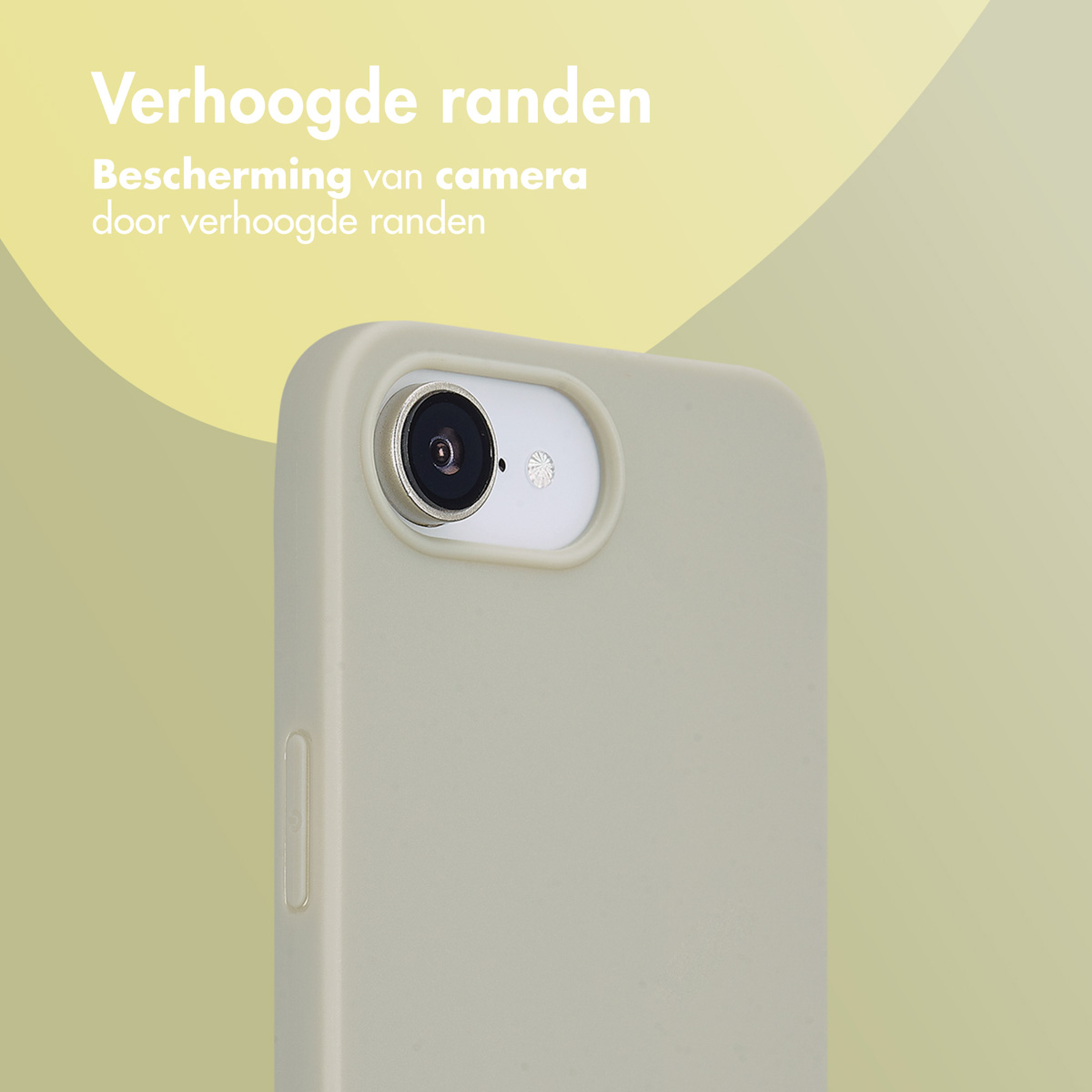 Telefon in grauem Gehäuse. Text: Erhöhte Ränder. Schutz der Kamera durch erhöhte Ränder.