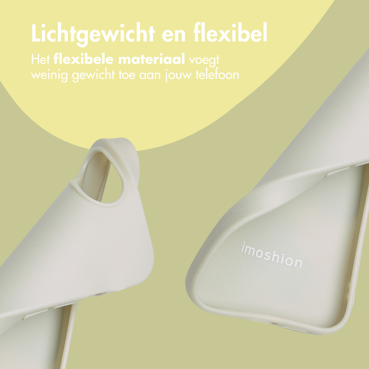 Handyhüllen-Teile, hellbeige, mit Text 'Leicht und flexibel'.