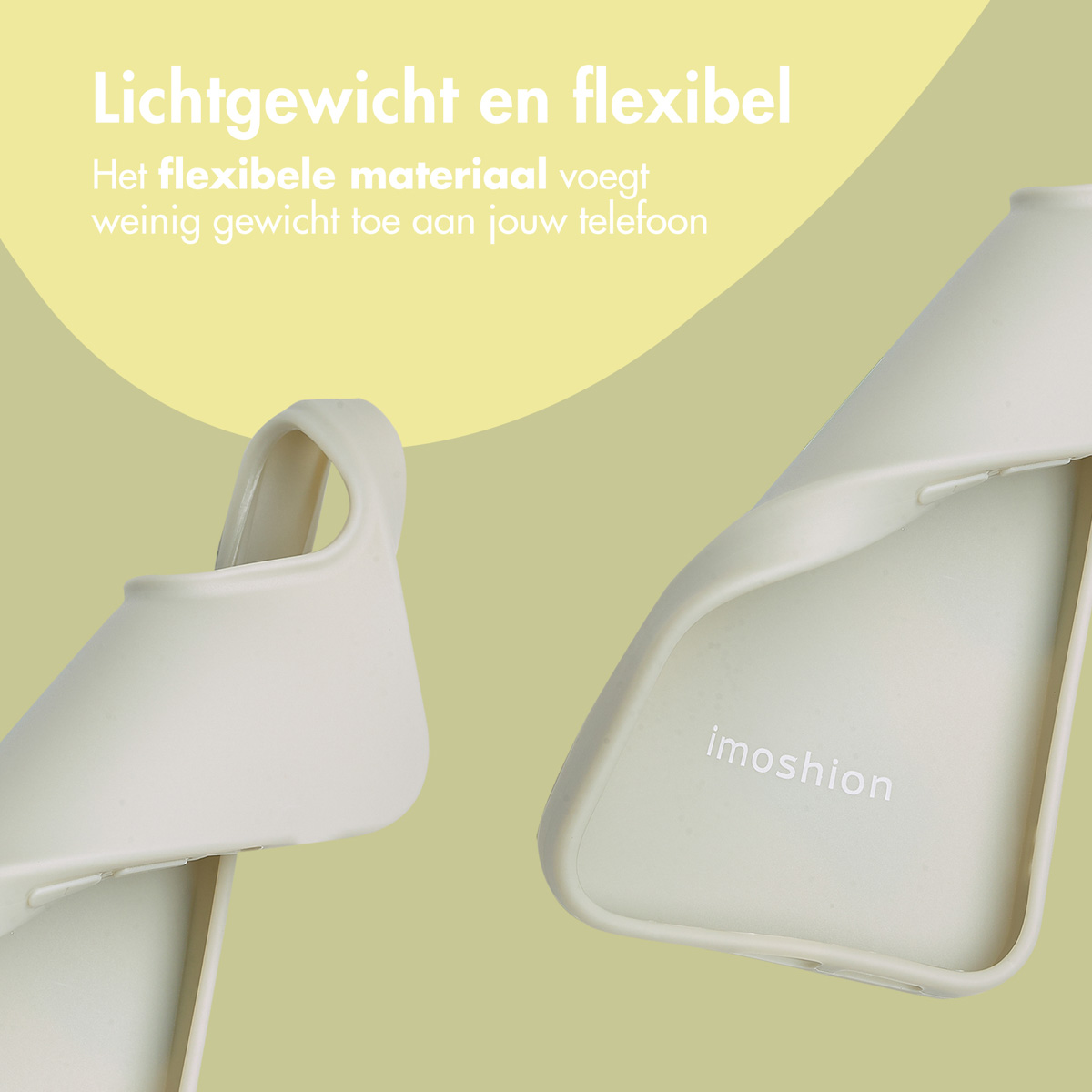 Gebroken witte telefoonhoes. Tekst over lichtgewicht en flexibel.