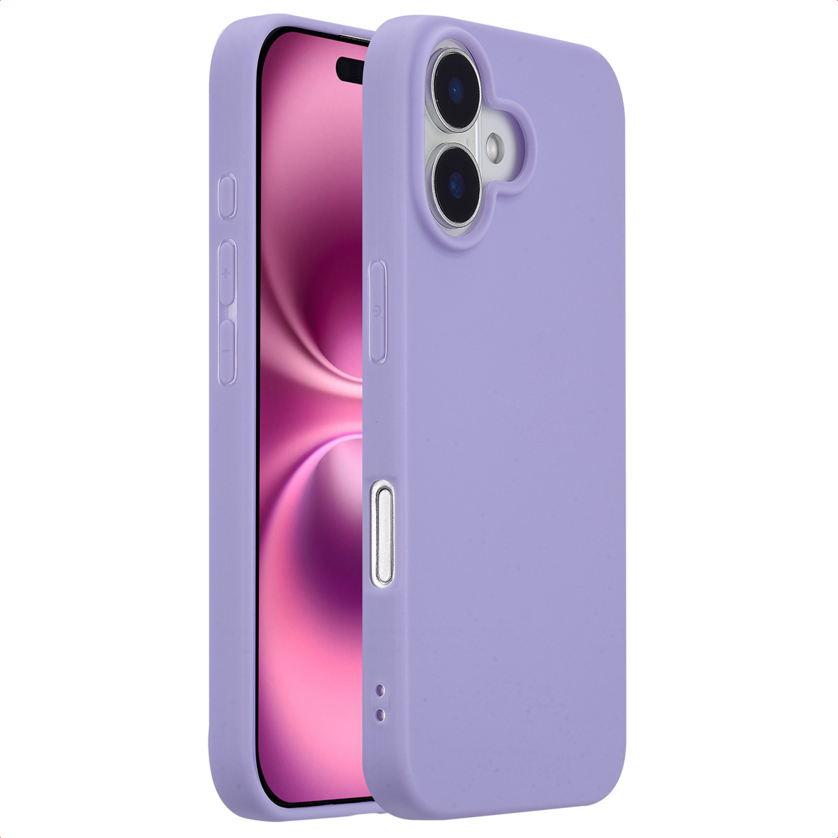 Téléphone violet dans un étui violet. L'écran affiche un fond rose.