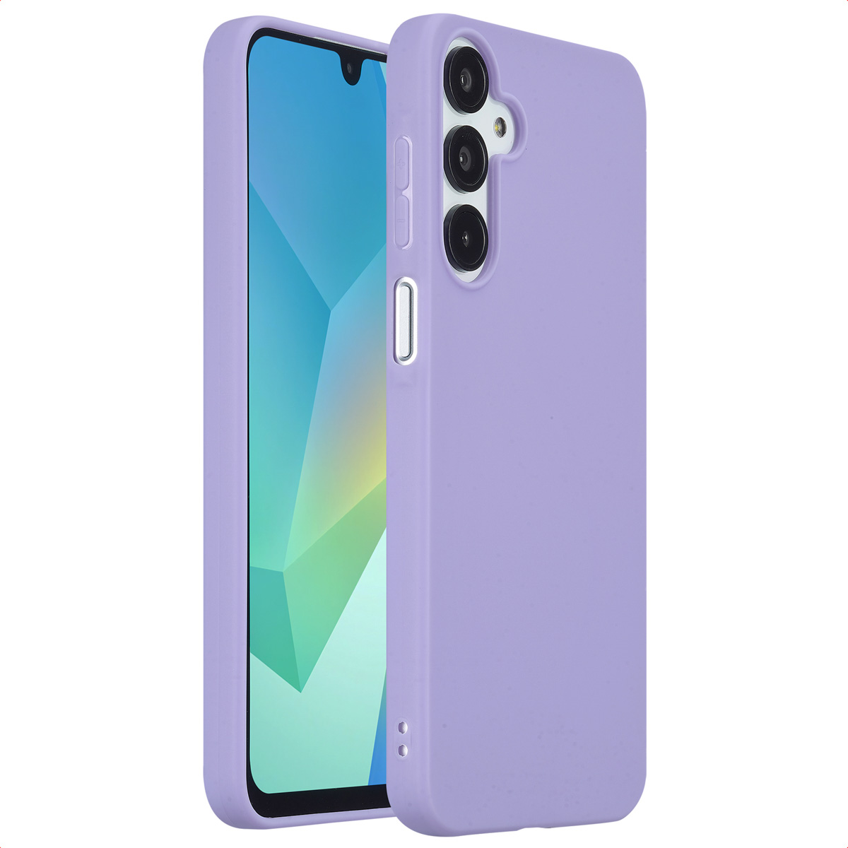 Lila Telefon und Hülle. Die Hülle bedeckt das Telefon mit Kamera und Knöpfen. Weißer Hintergrund.
