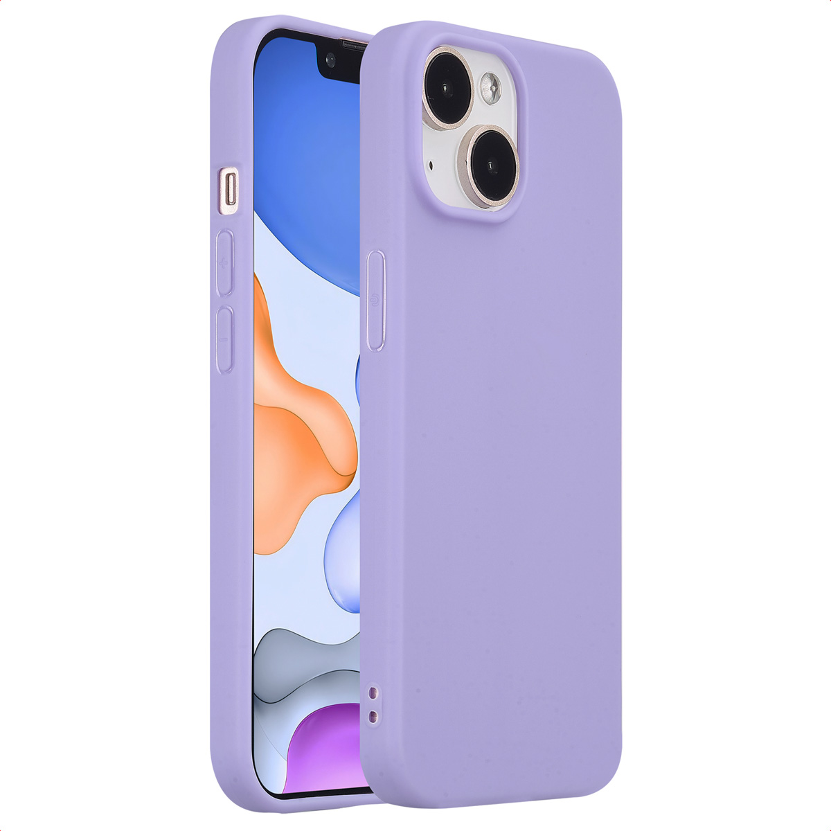 A purple phone case with a phone inside. The background is white.