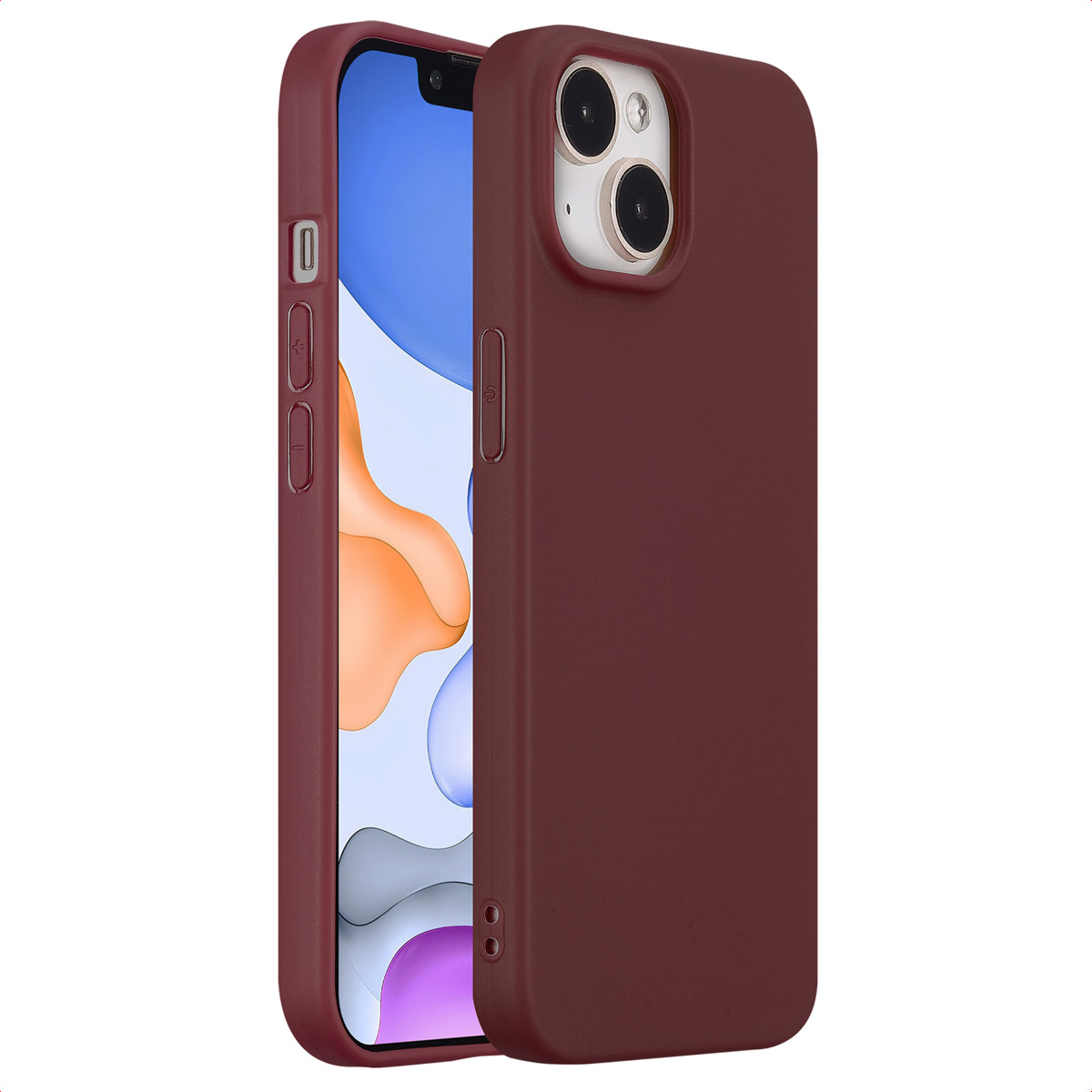 A burgundy phone case with a phone inside. The background is burgundy.