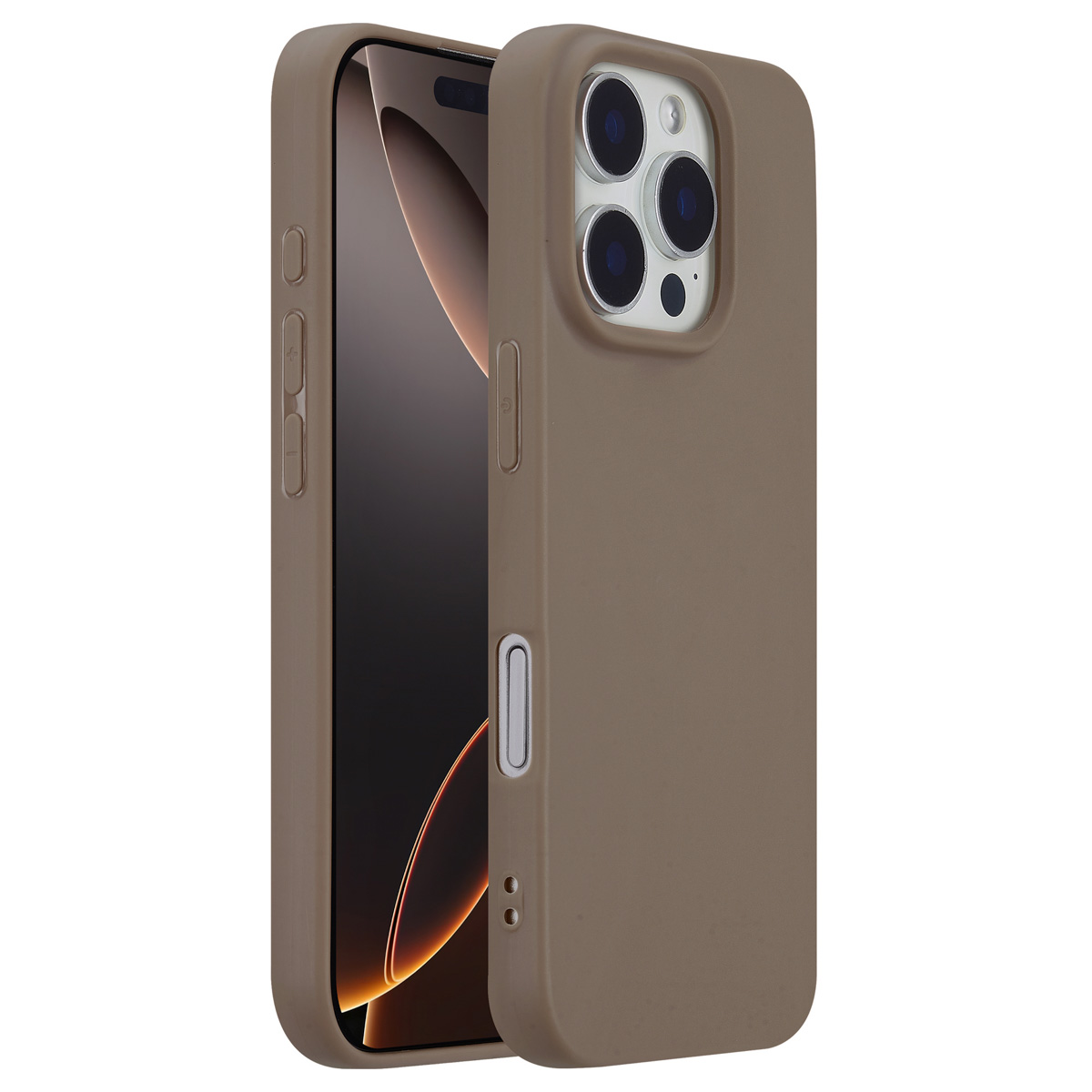 Coque de téléphone beige sur un téléphone. La coque a des boutons et une découpe pour l'appareil photo. Fond marron.