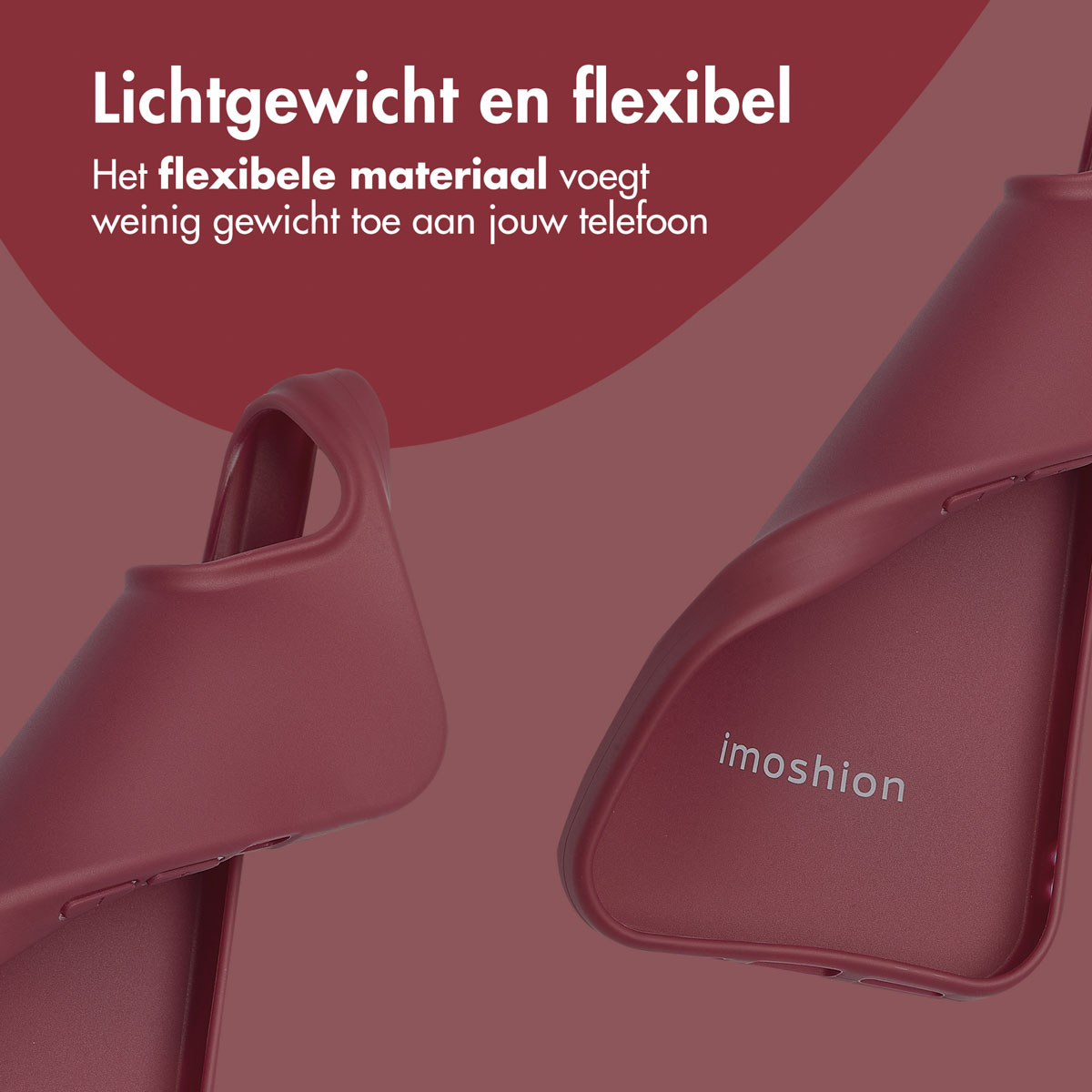 Red phone case with phone. Phone case bent. Maroon background. Text: Lightweight and flexible.