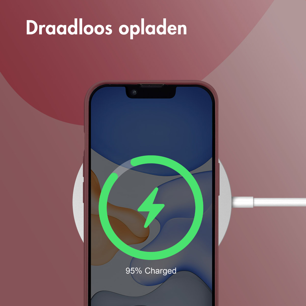 A phone charging wirelessly. The phone shows a green lightning bolt in a circle.