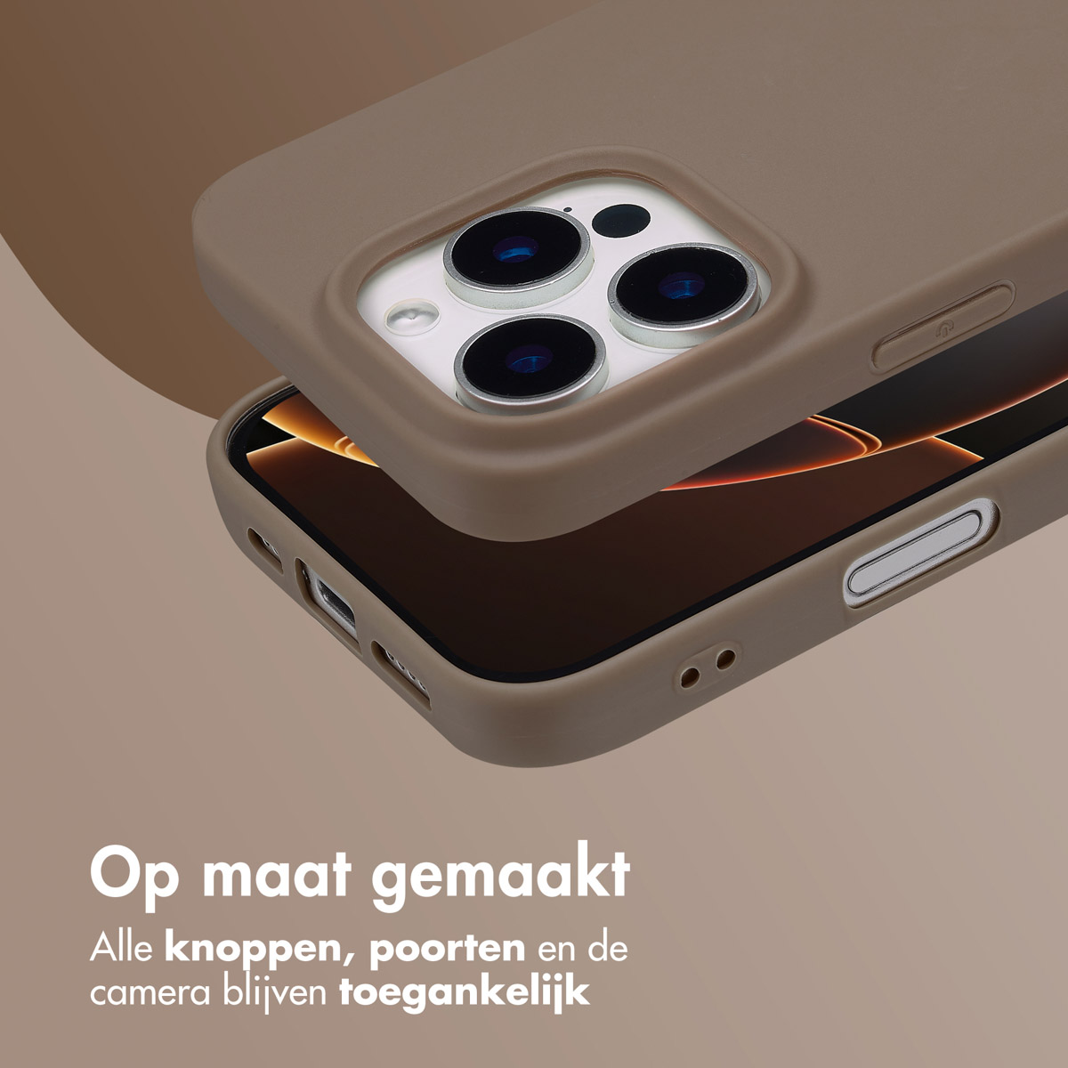 Coque sur un téléphone. Texte: Fabriqué sur mesure. Tous les boutons, ports et l'appareil photo restent accessibles.