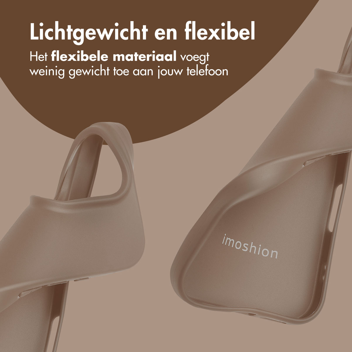 Deux coques de téléphone sont visibles. Le fond est marron avec le logo imoshion.