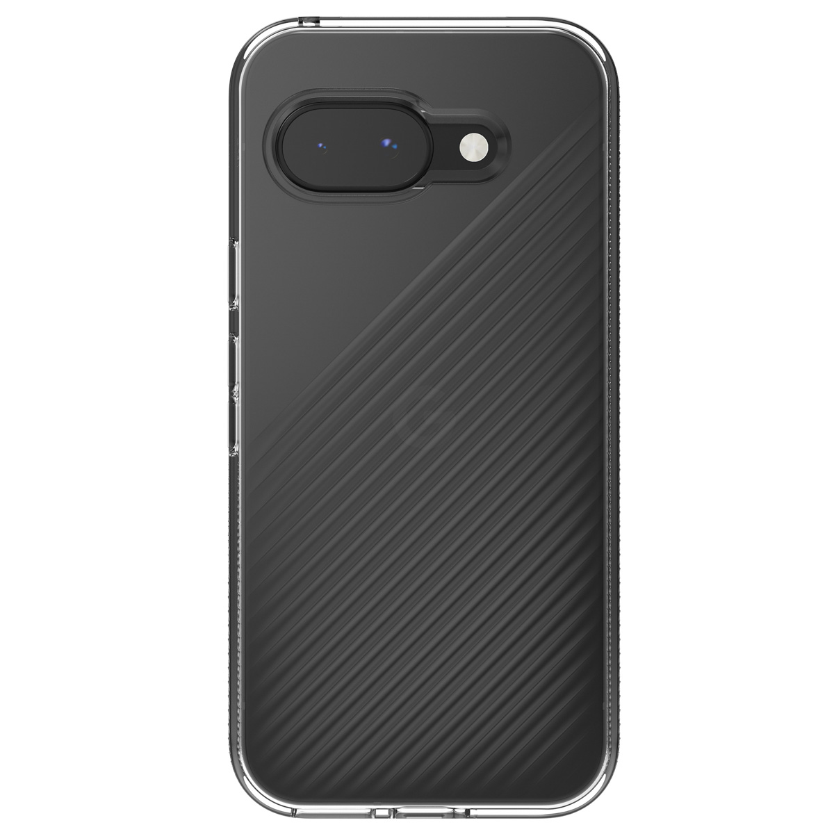 Zwart telefoonhoesje met een gestructureerd ontwerp. Toont de camera. Witte achtergrond.