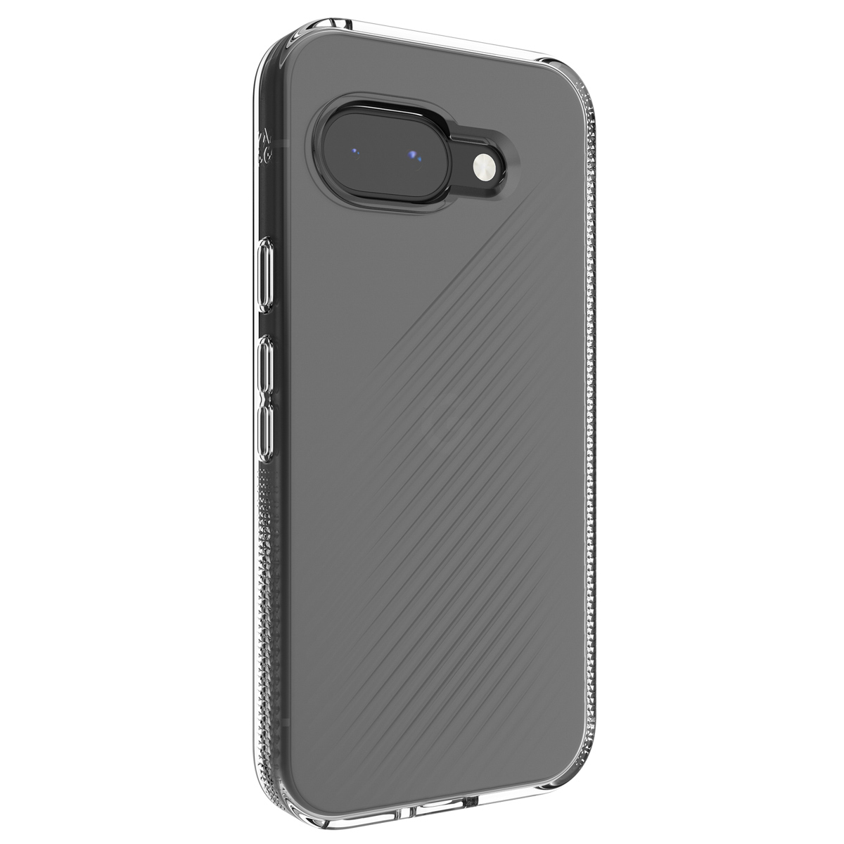 Transparante telefoonhoes met een donkergrijze telefoon erin. De hoes heeft diagonale lijnen.