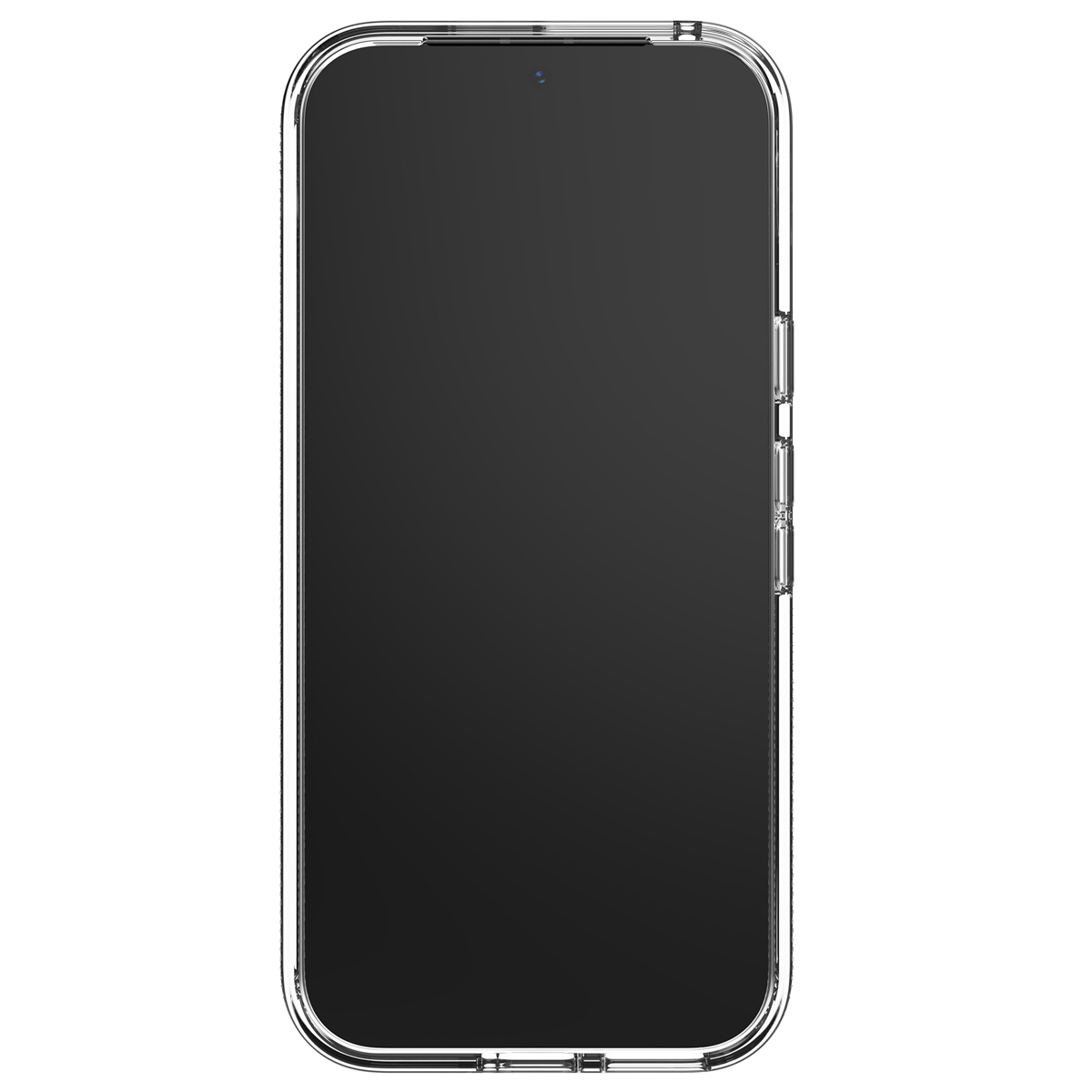 Transparante telefoonhoes op witte achtergrond. Het telefoonscherm is zwart.