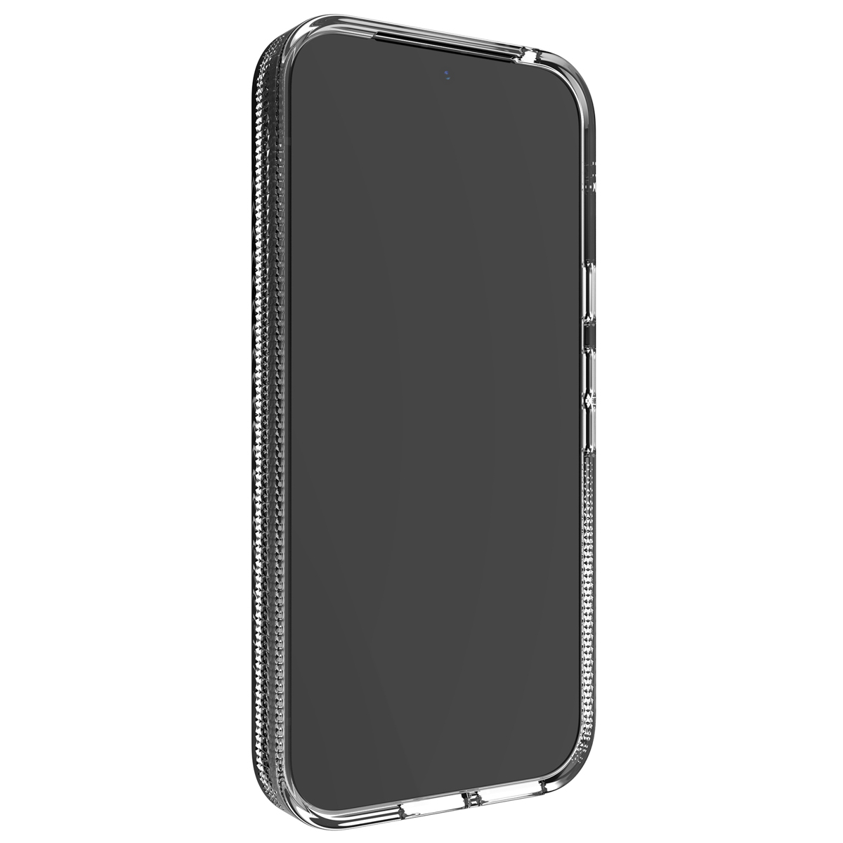 Telefoon in een transparante telefoonhoes met een zilveren rand rondom. Zwart scherm. Witte achtergrond.