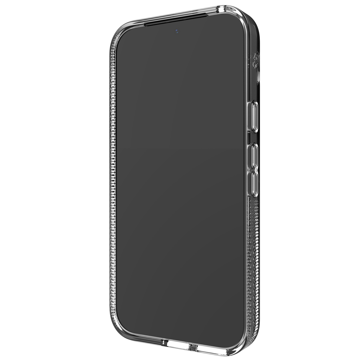 Een doorzichtig telefoonhoesje op een telefoon. De achtergrond is lichtgrijs.