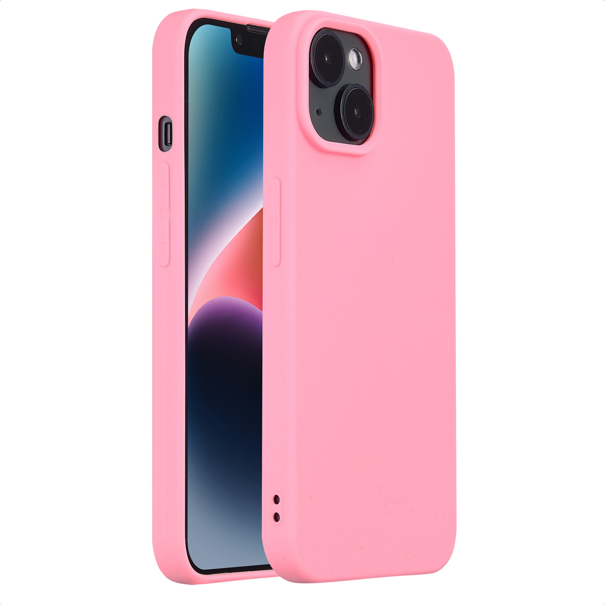 Téléphone rose avec coque rose. Téléphone partiellement inséré. Texte: Fabriqué sur mesure. Accès aux boutons, ports et caméra.