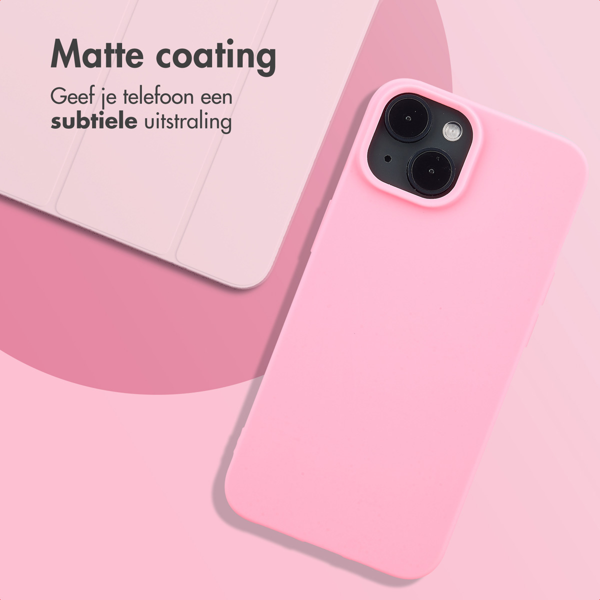 Coque rose avec un téléphone rose. Texte 'Revêtement mat'. Fond rose.