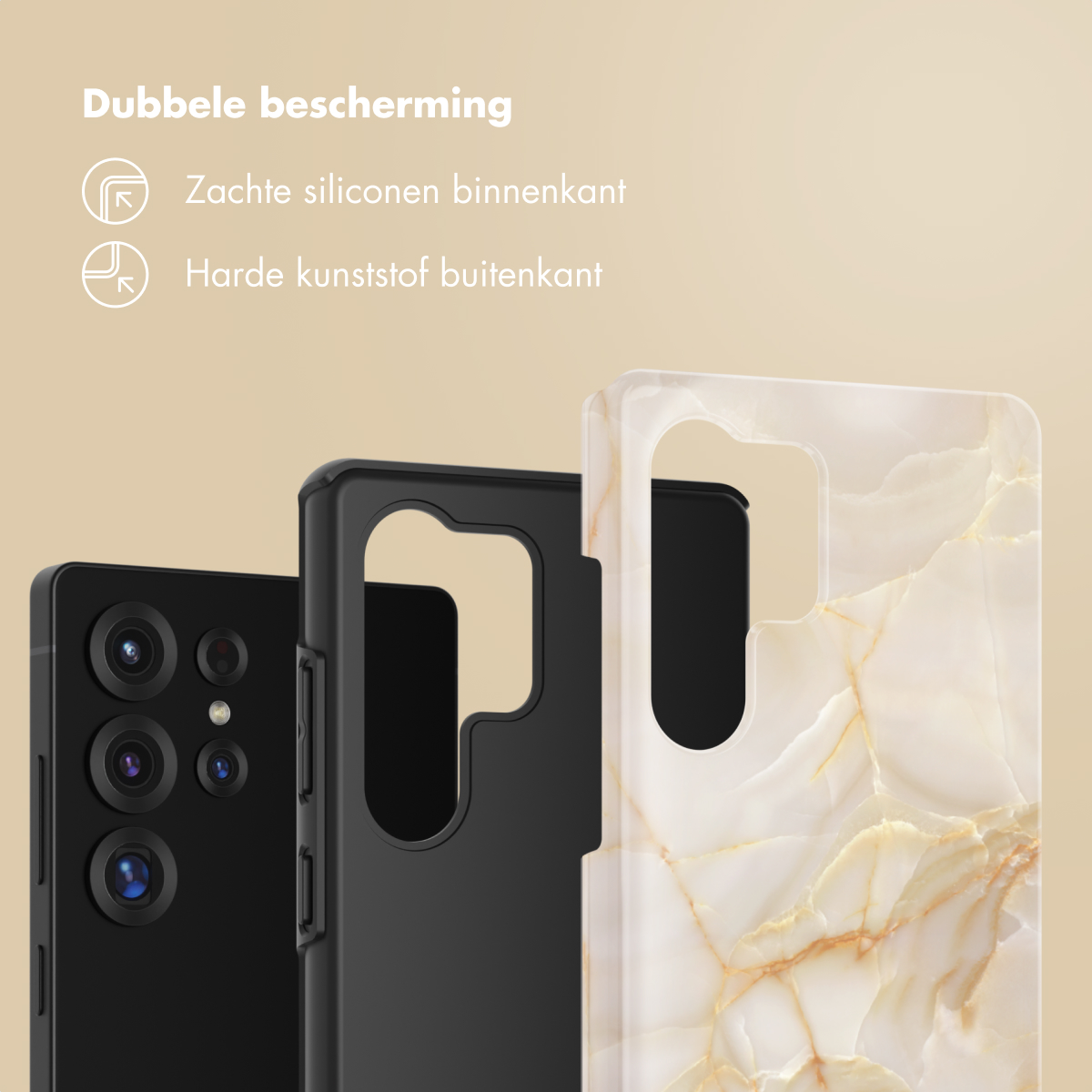 Telefonhüllen in Schwarz und Marmor. Weiches Silikon innen, harter Kunststoff außen. Beiger Hintergrund.