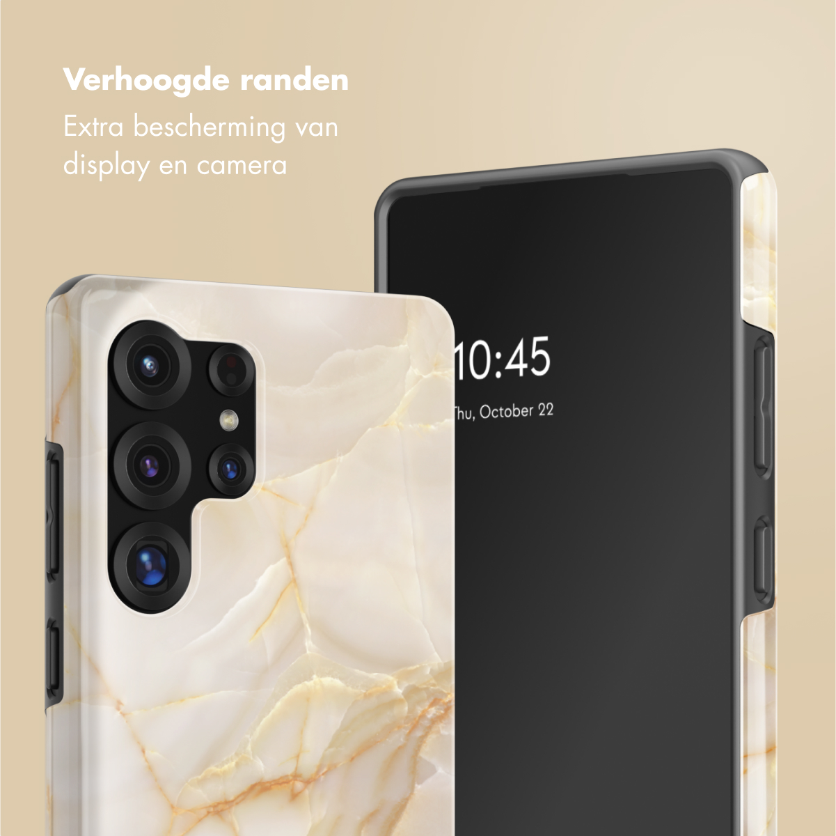 Handyhülle mit Marmordesign. Ein Telefon zeigt die Uhrzeit an. Text: zusätzlicher Schutz.