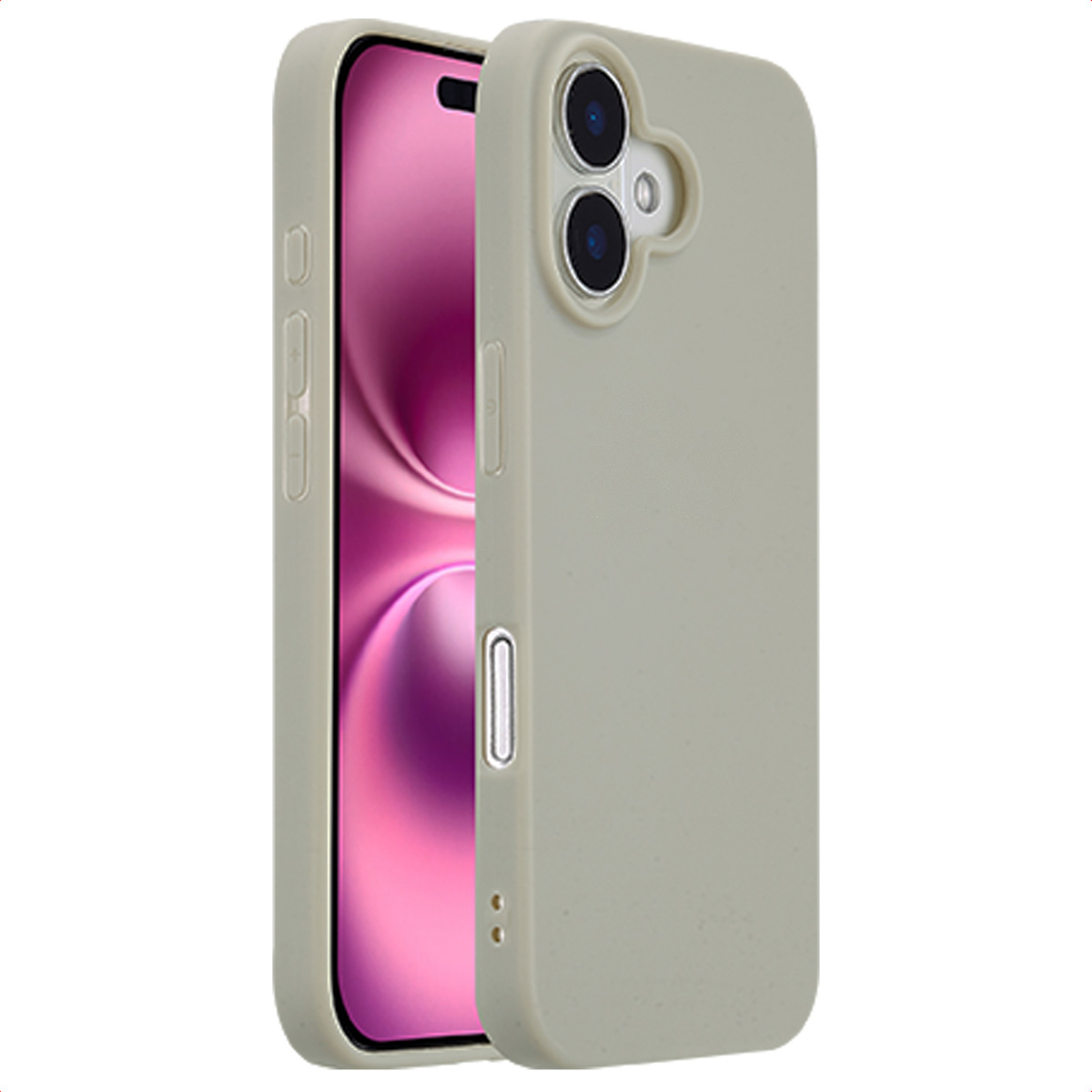 Coque de téléphone grise avec un téléphone à l'intérieur. Caméra et boutons visibles.