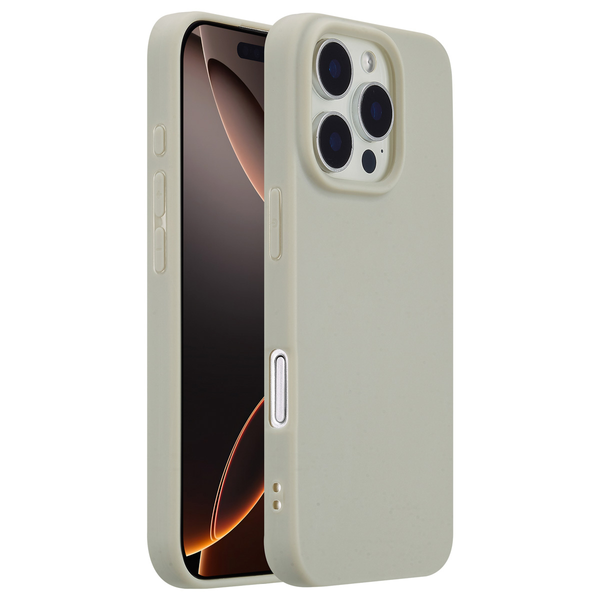 Gros plan sur une coque de téléphone vert clair. Téléphone à l'intérieur. Boutons et caméra visibles. Fond beige.
