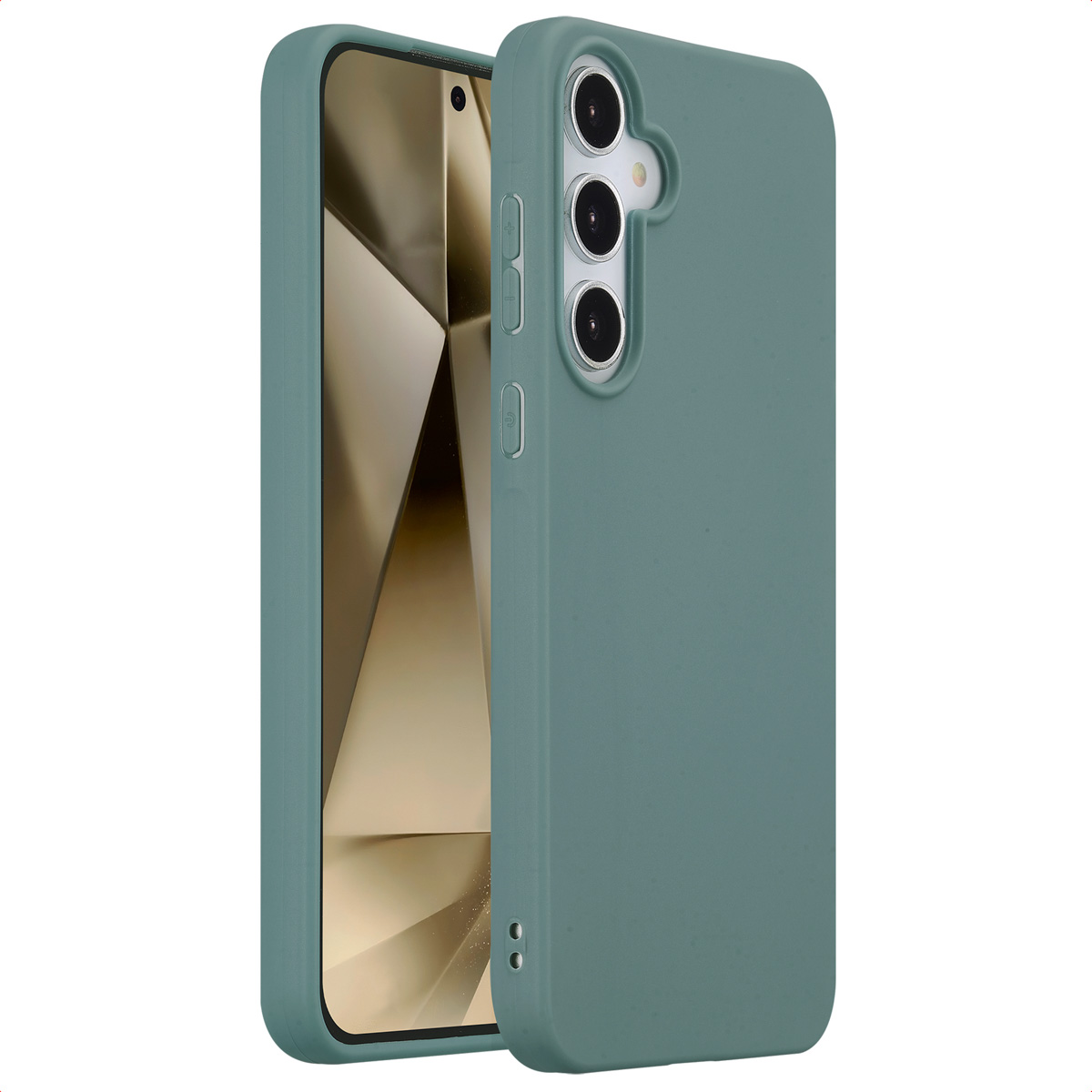 Coque de téléphone verte sur un téléphone. Le téléphone affiche un écran bleu clair. La coque a des découpes.