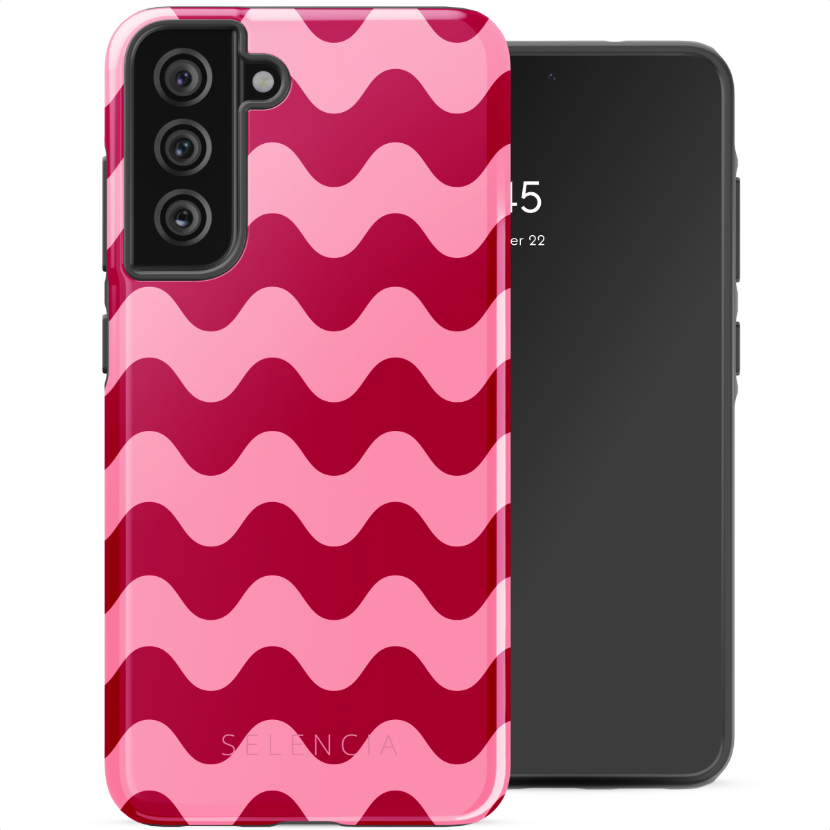 Custodia per telefono con motivo a onde rosa su telefono nero, con il marchio 'SELENCIA'.