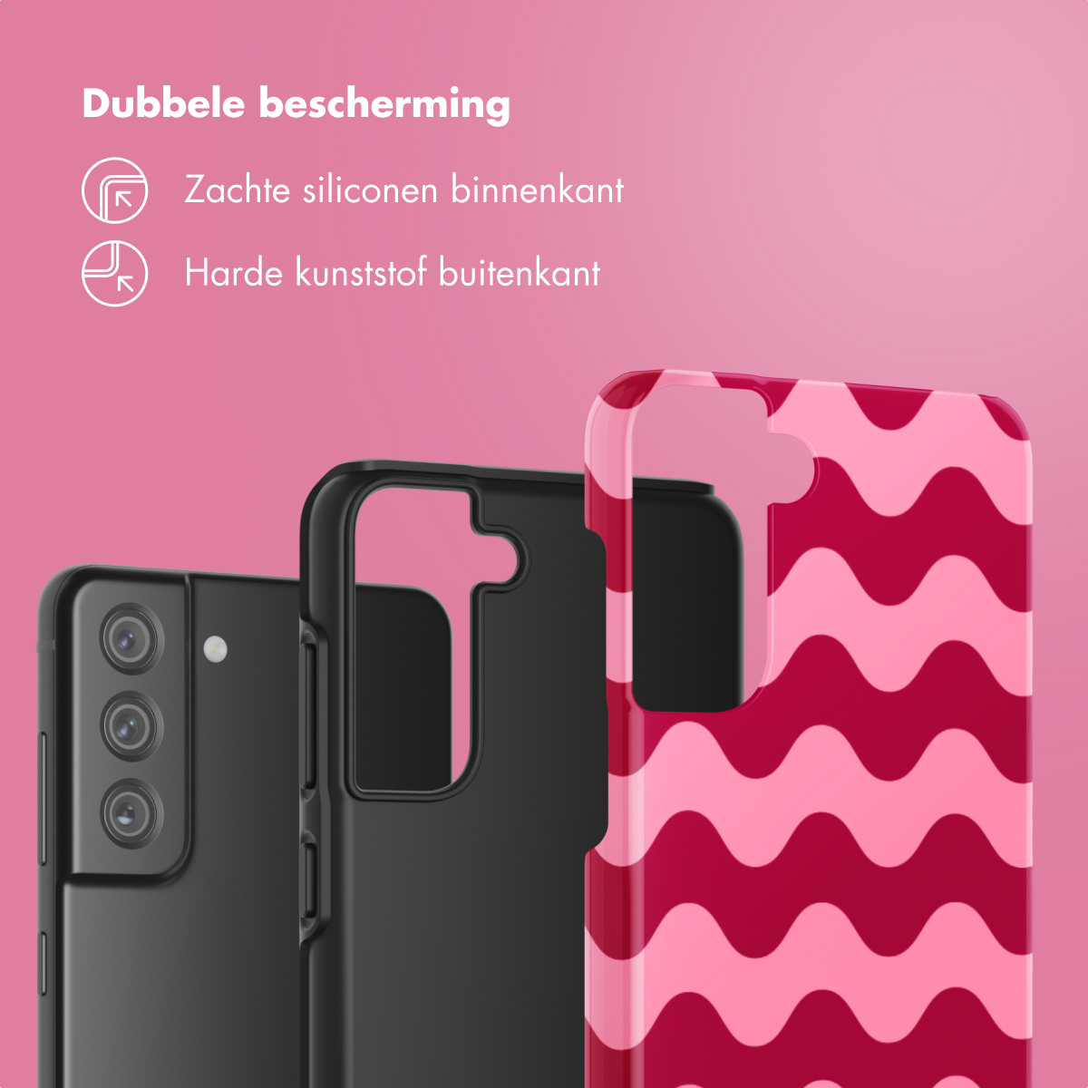 Custodie per telefono con silicone morbido all'interno e plastica dura all'esterno. Motivo a onde rosa. Sfondo rosa.