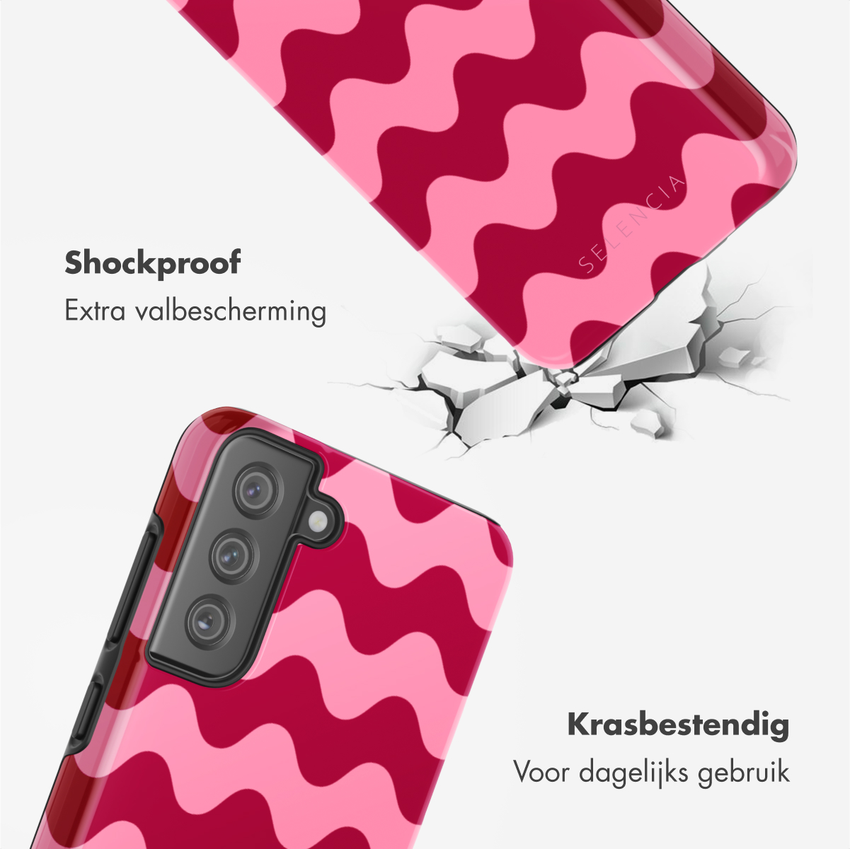 Custodia del telefono che si rompe. La custodia ha un design rosa a onde con la scritta Selencia.