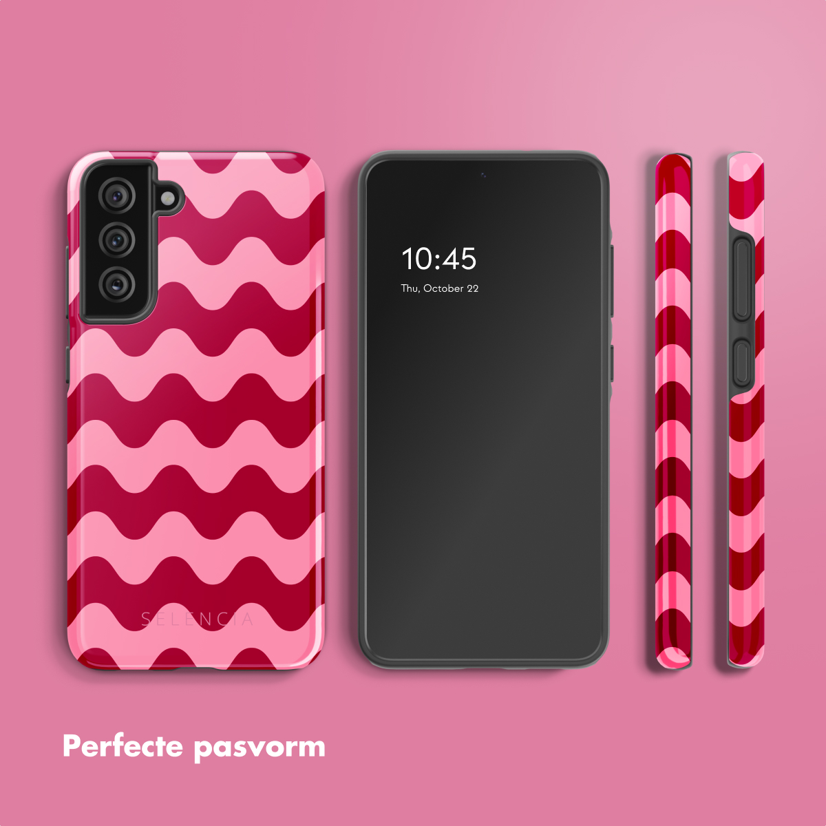 Custodia per telefono rosa a motivi ondulati con un telefono nero. Testo: Vestibilità perfetta. Due lati rosa.