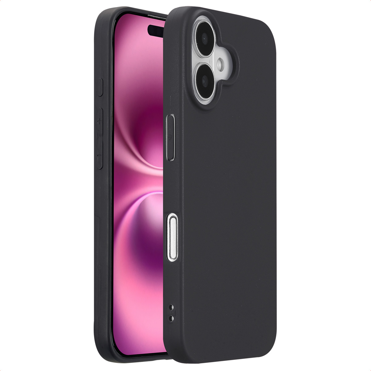 Une coque de téléphone noire avec un téléphone à l'intérieur. Le fond est blanc.