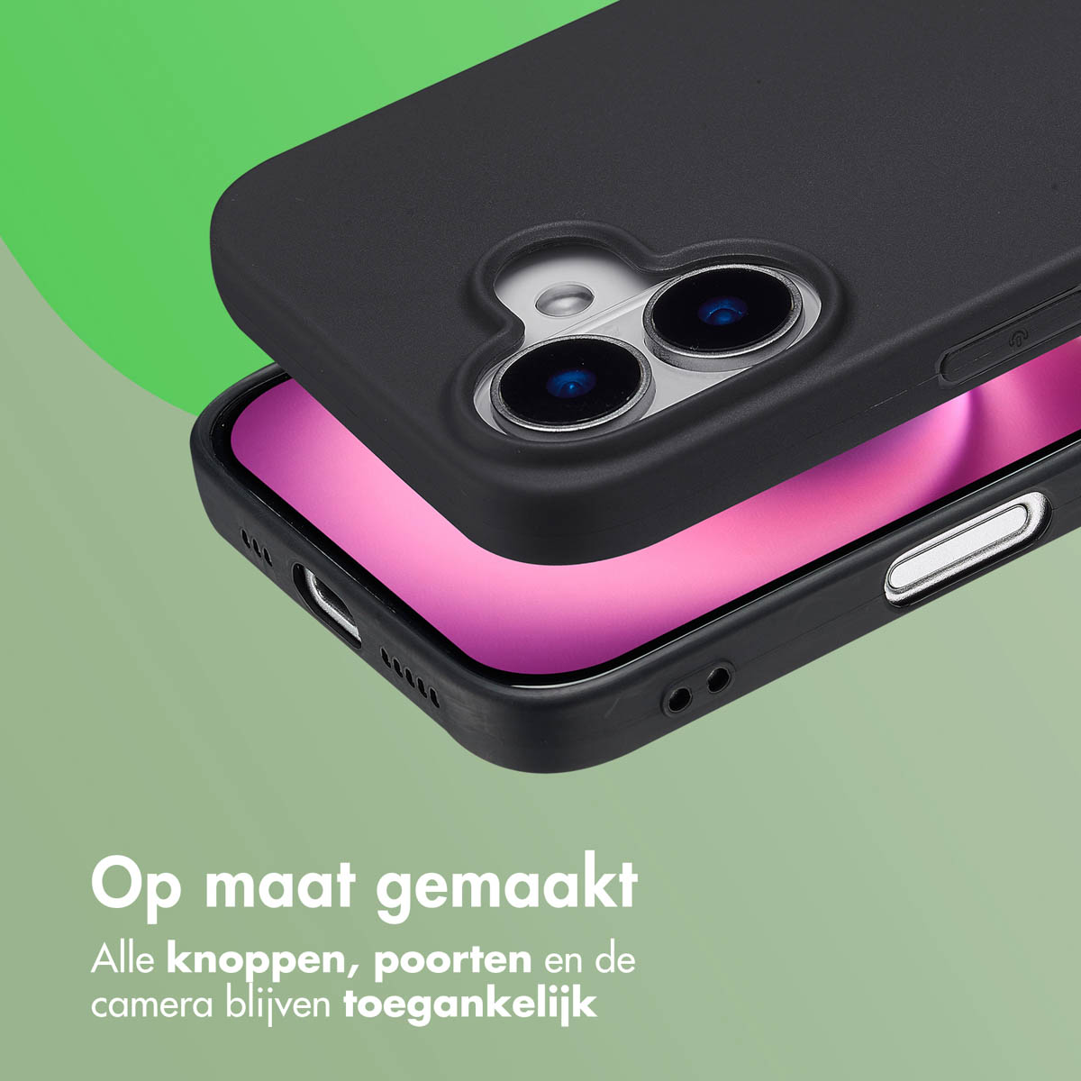 Coque sur un téléphone. Texte: Fabriqué sur mesure. Tous les boutons, ports et l'appareil photo restent accessibles.