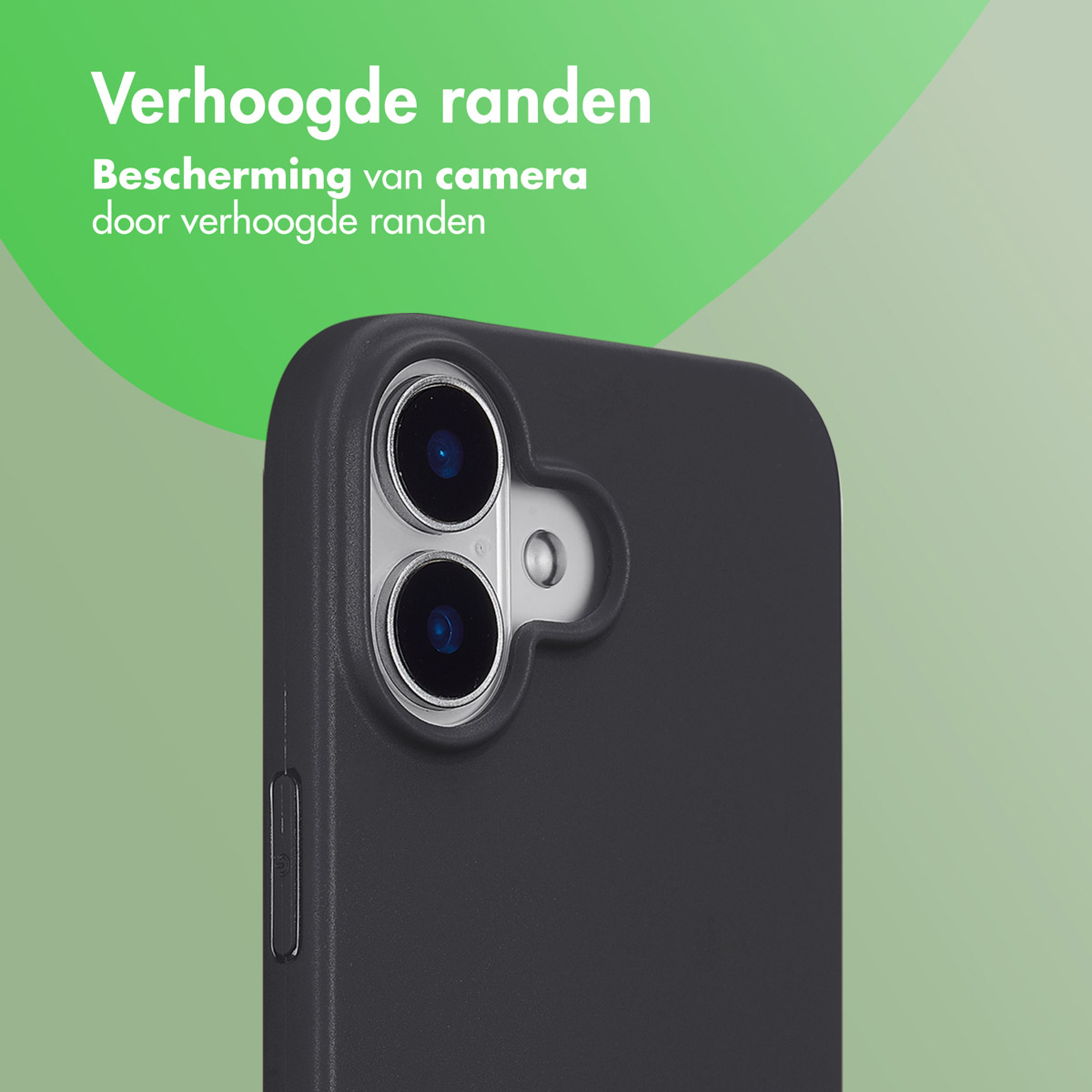 Une coque de téléphone noire avec la caméra visible. Le texte mentionne les bords surélevés pour la protection de la caméra.