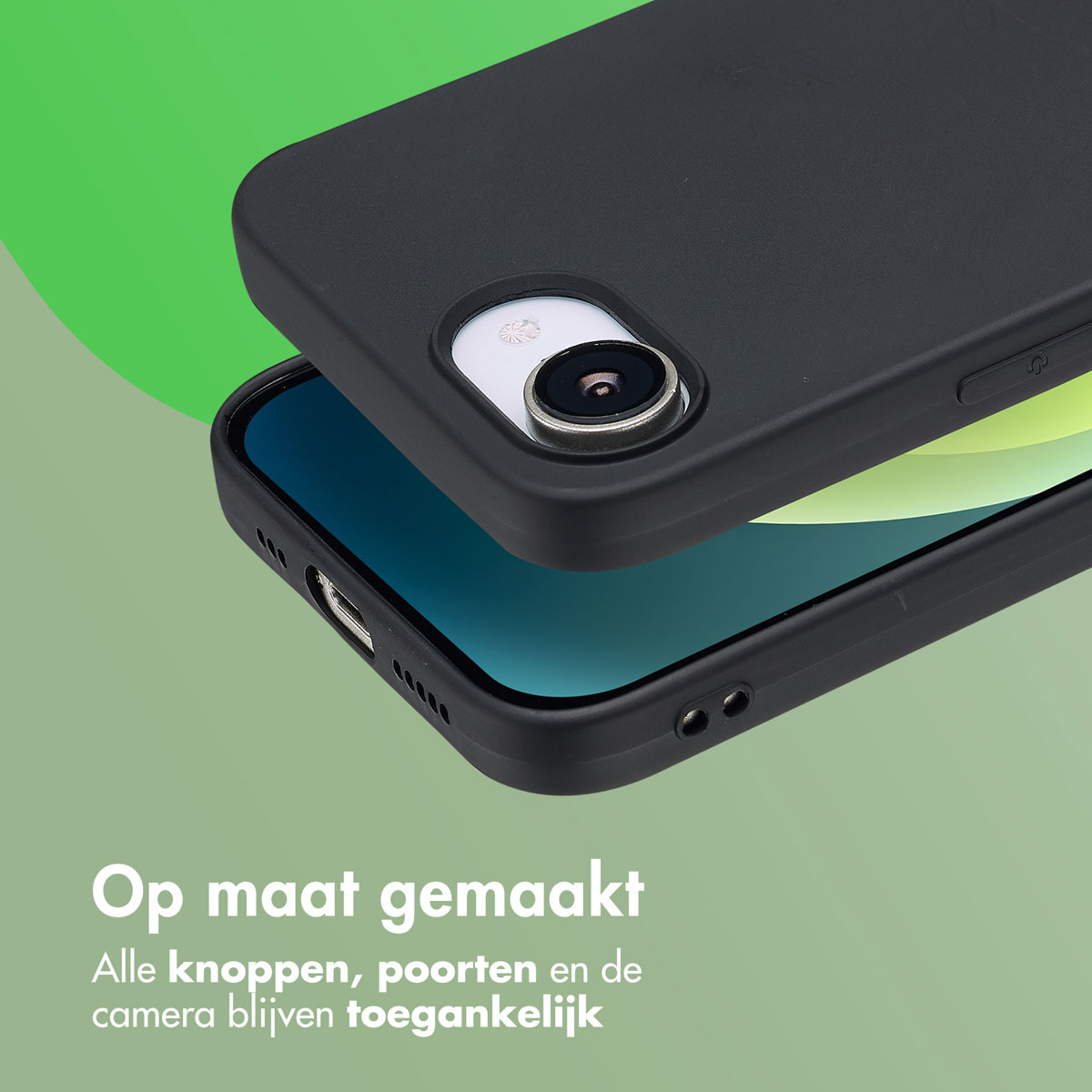 Schwarze Handyhülle. Das Telefon ist in der Hülle platziert, sodass Tasten, Anschlüsse und Kamera zugänglich sind.
