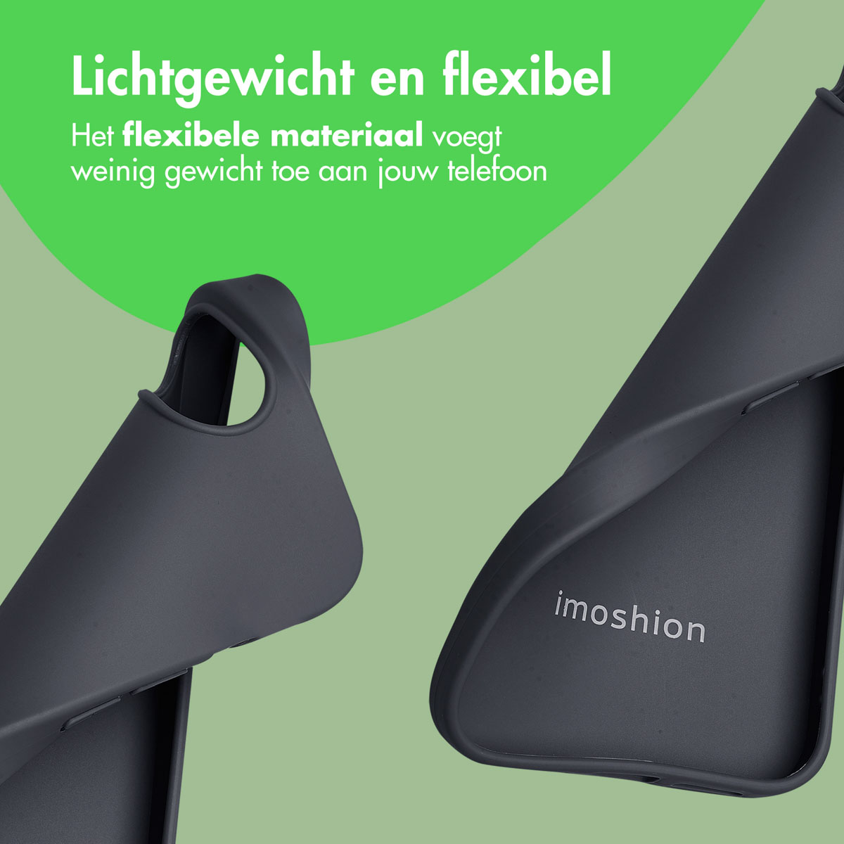 Dunkelgraue Handyhülle, flexibles Material. Text: 'Leicht und flexibel'. Grüner Hintergrund.