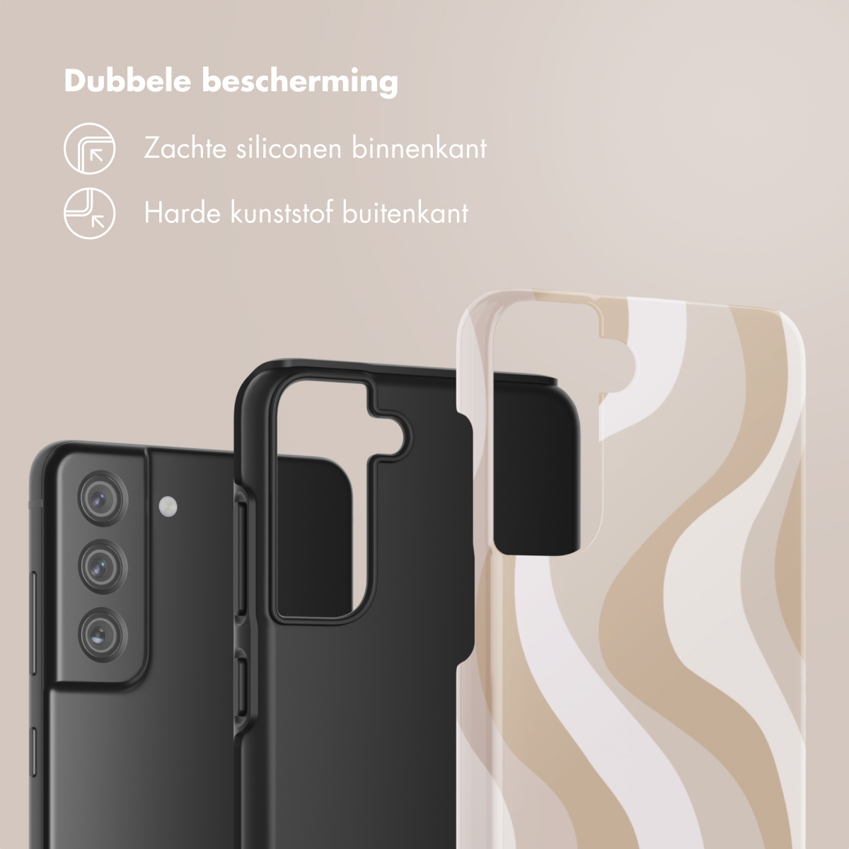 Custodie per telefono con silicone morbido all'interno e plastica dura all'esterno, motivo a onde beige. Sfondo beige.