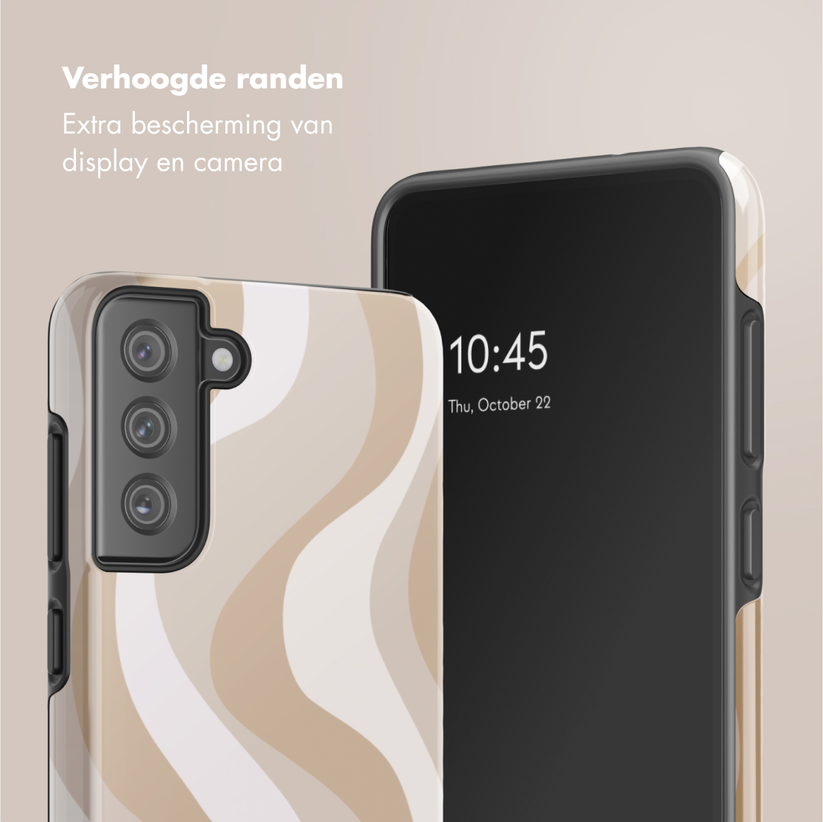 Telefono con custodia. La custodia ha un design a onde. L'ora sullo schermo è 10:45.